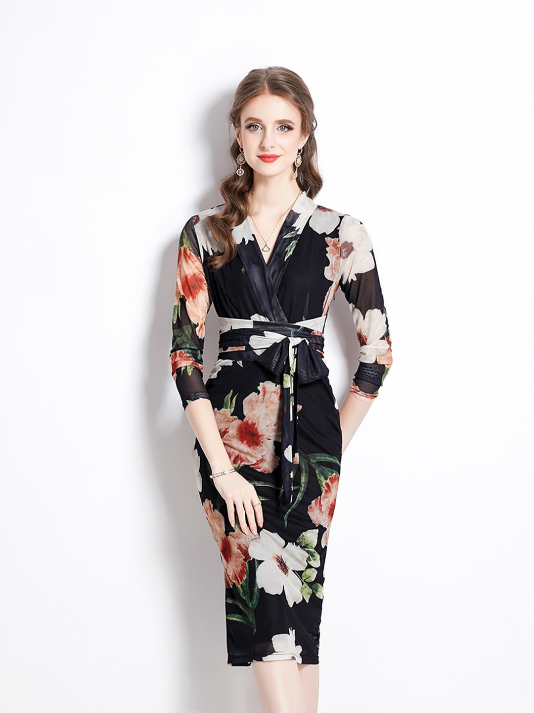 

JC Collection Floral Printed Tie-Up Detailed Sheath Dress, Black