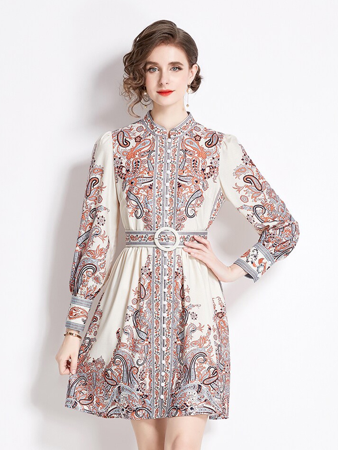 

JC Collection Ethnic Motifs Printed A-Line Dress, Beige