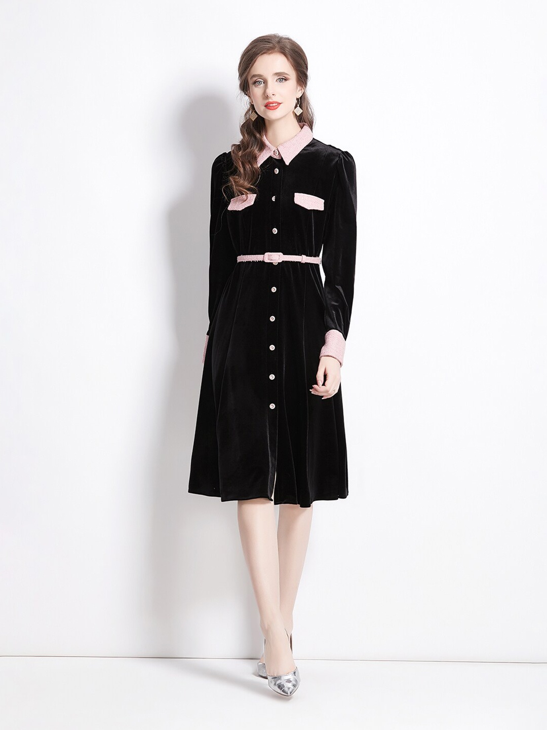 

JC Collection Belted Shirt Dress, Black