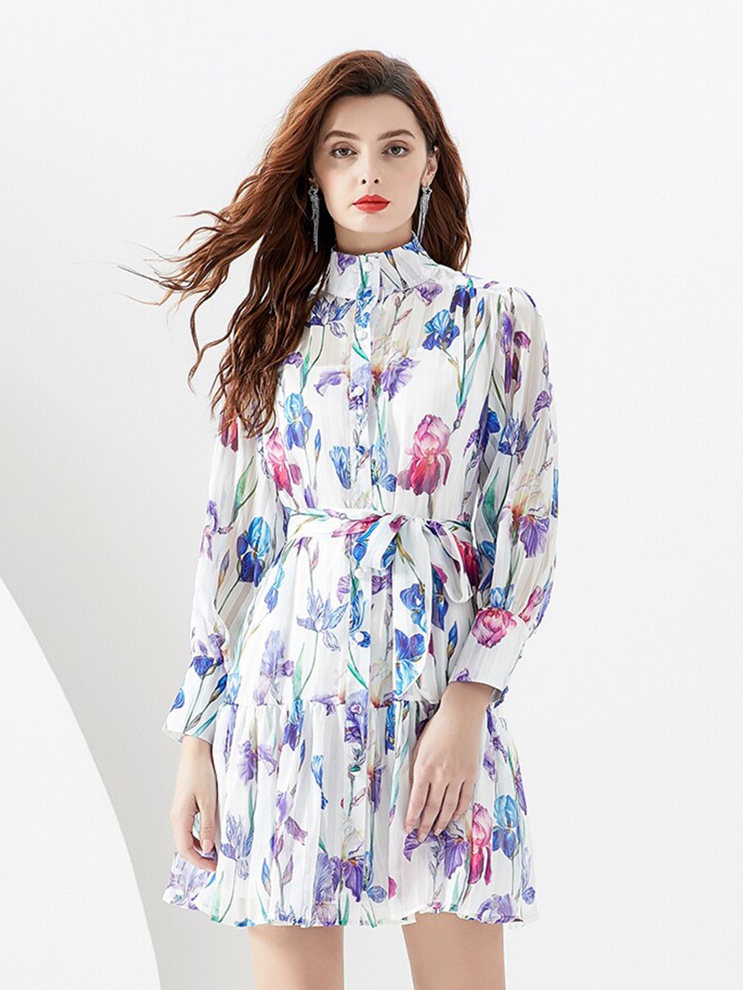 

JC Collection Floral Printed High Neck Puff Sleeve Fit & flare Tie-Ups Dress, White
