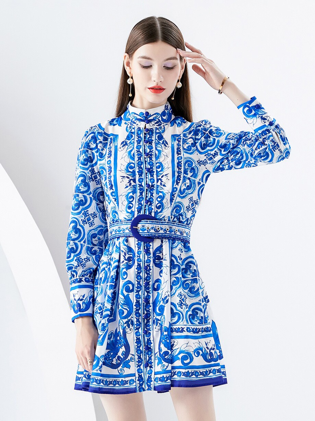 

JC Collection Abstract Printed Mock Neck Cuffed Sleeves Fit and Flare Mini Dress, Blue
