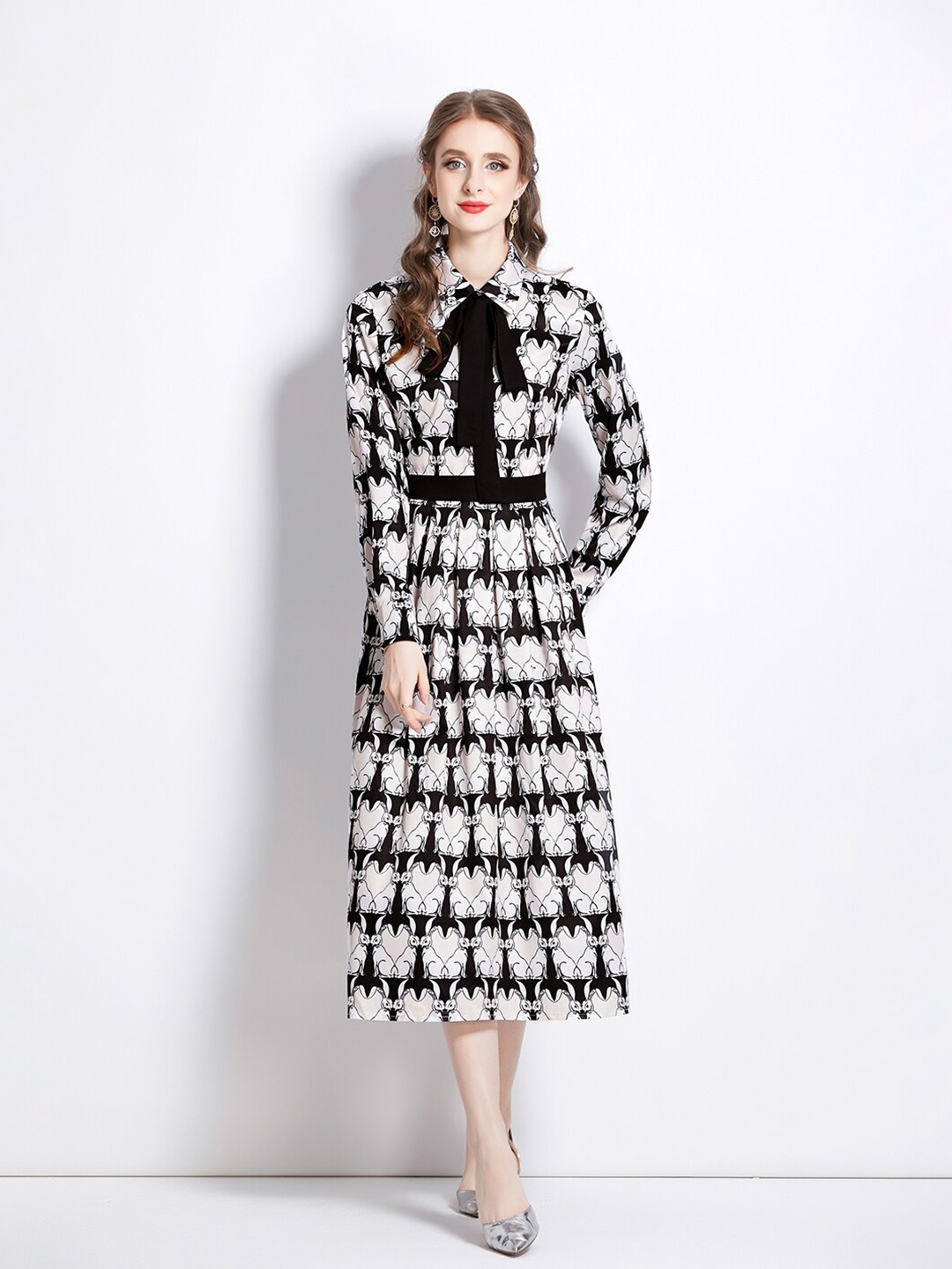 

JC Collection Printed Shirt Collar A-line Dress, Black
