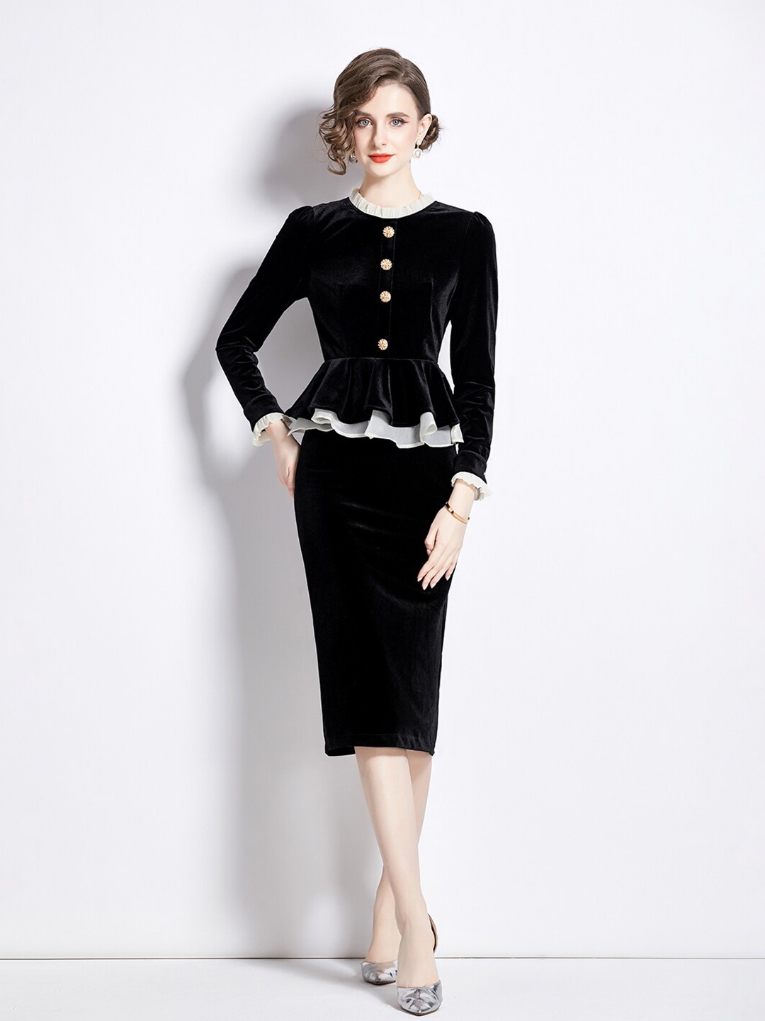 

JC Collection Round Neck Puff Sleeves Peplum Dress, Black