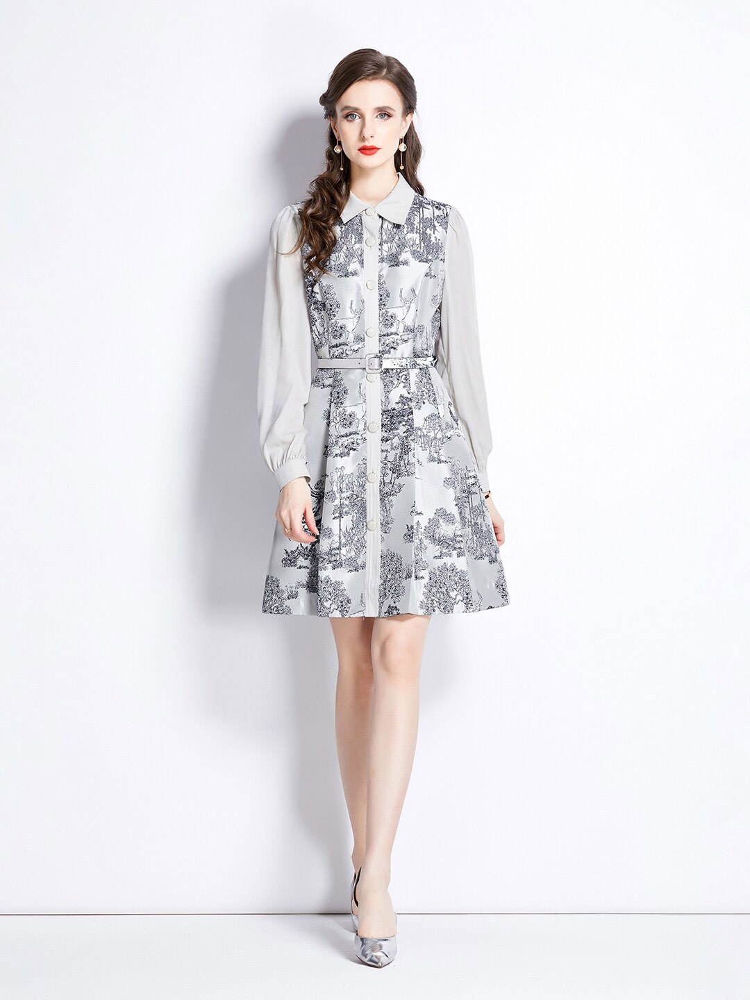 

JC Collection Floral Printed Cuffed Sleeves Belted Shirt Dress, Grey