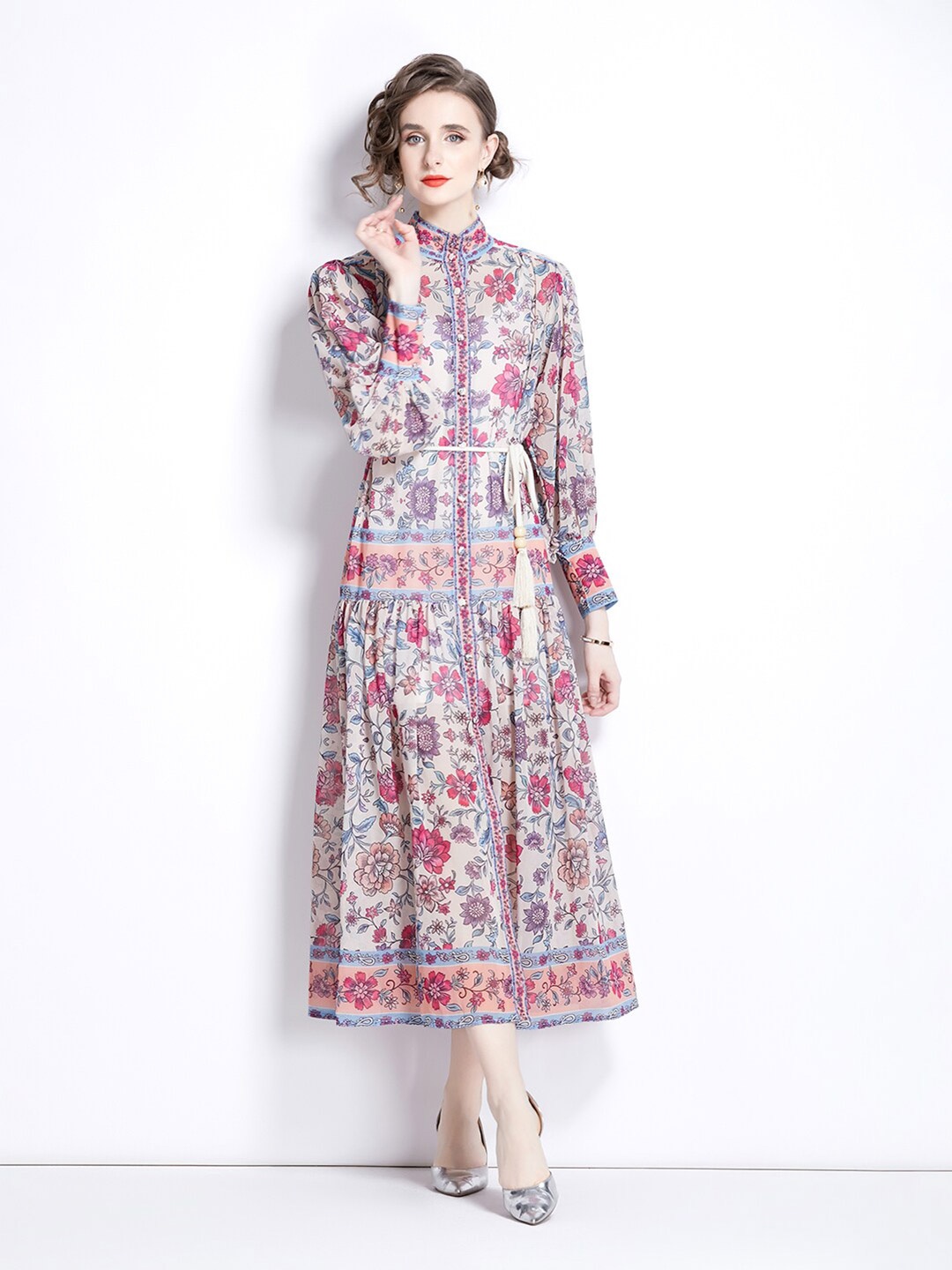

JC Collection Floral Printed Mock Neck Gathered A-Line Dress, White