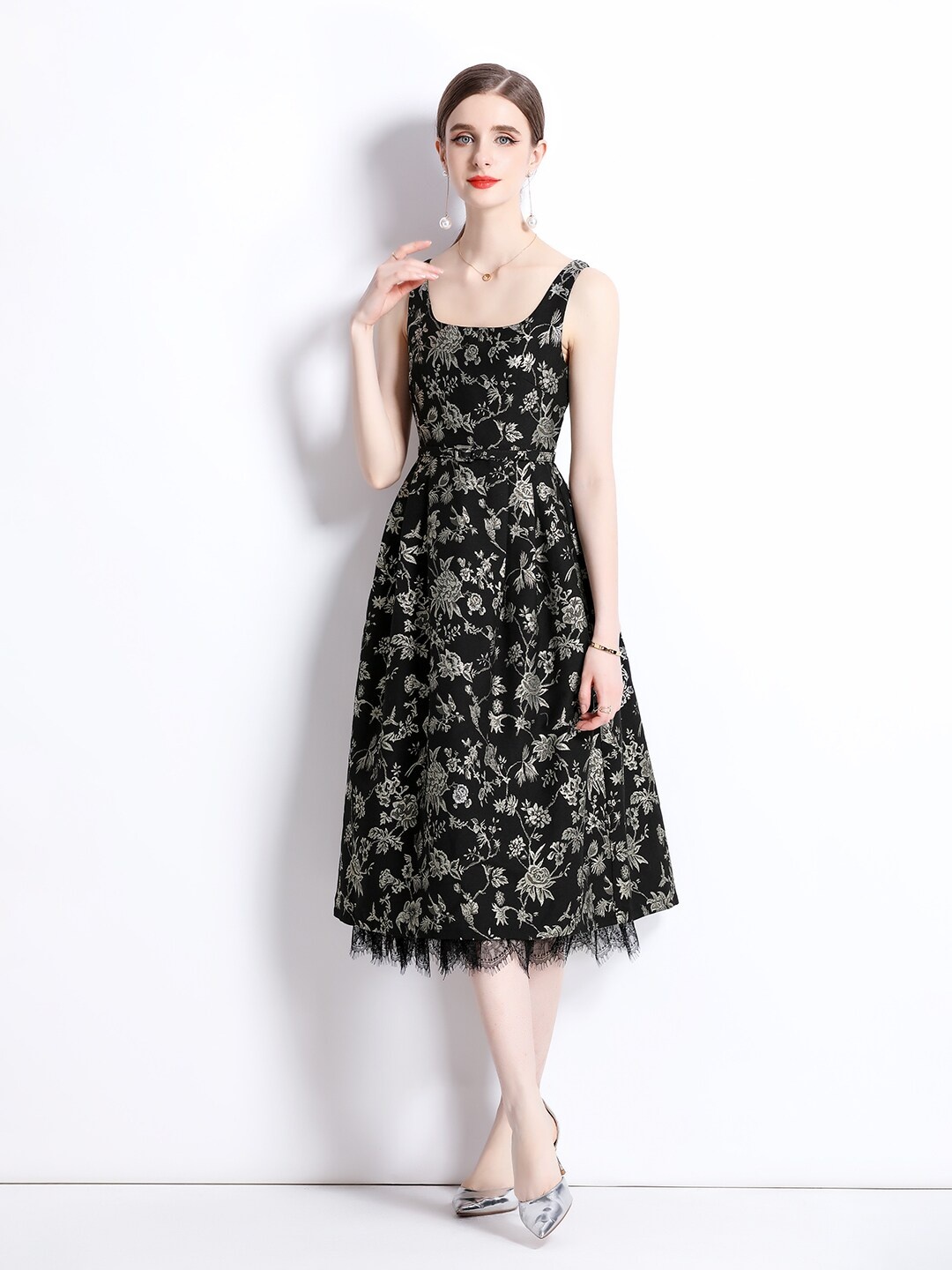 

JC Collection Floral Printed Square Neck Midi Dress, Black