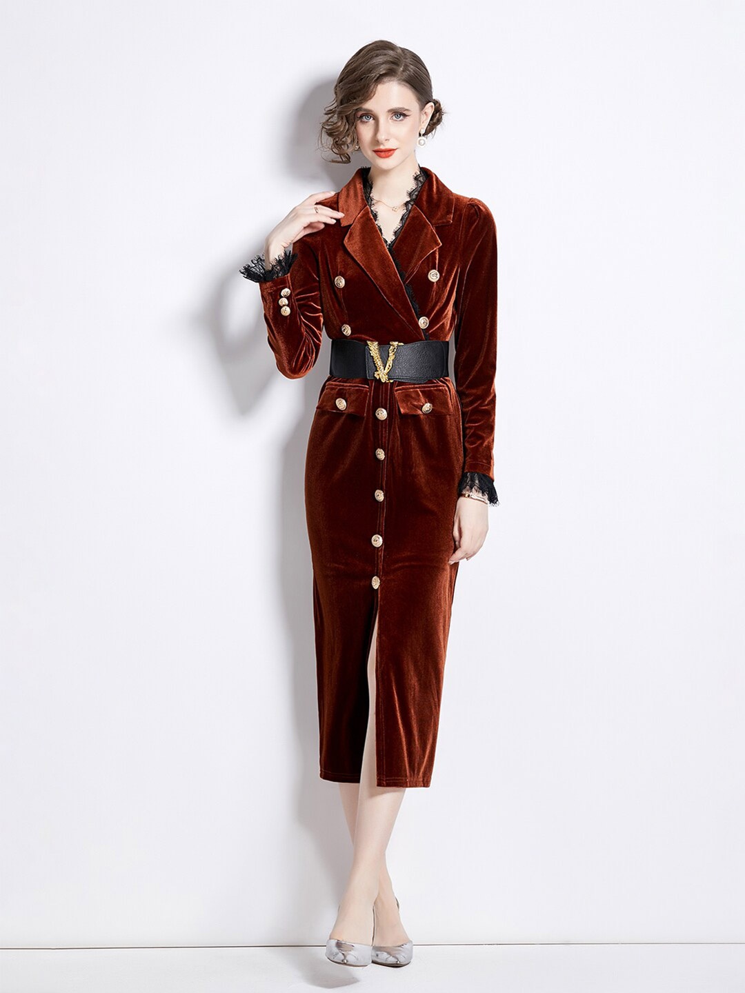 

JC Collection Lapel Collar Shirt Midi Dress, Brown