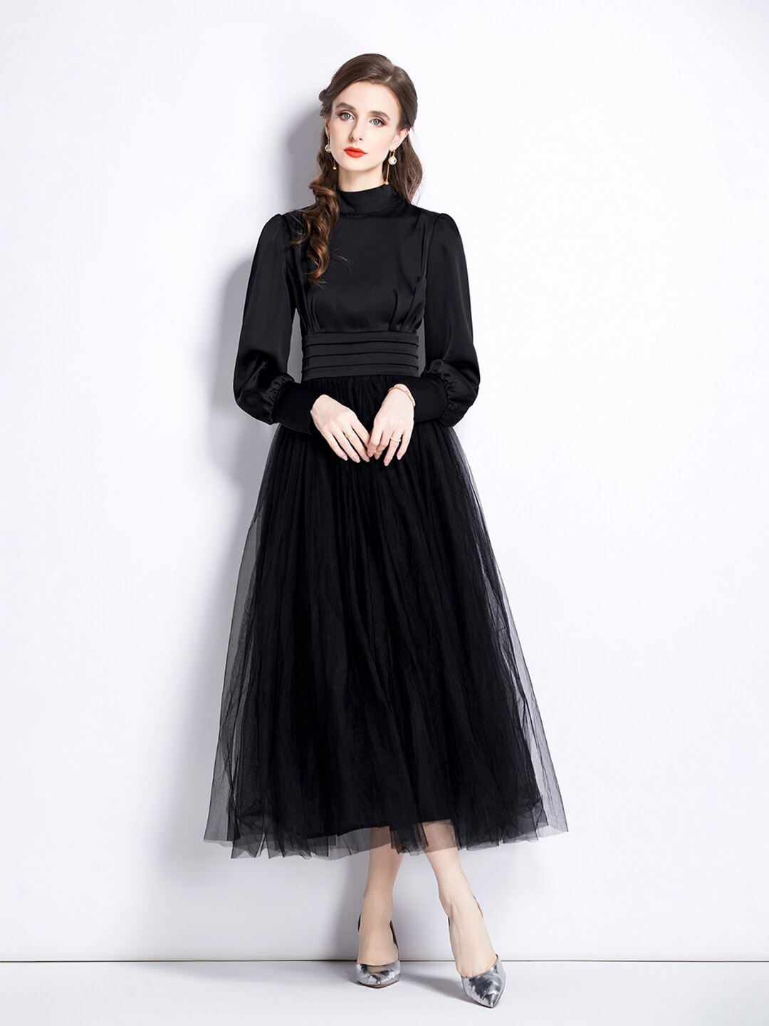 

JC Collection High Neck Puff Sleeve Pleated Fit & flare Midi Dress, Black