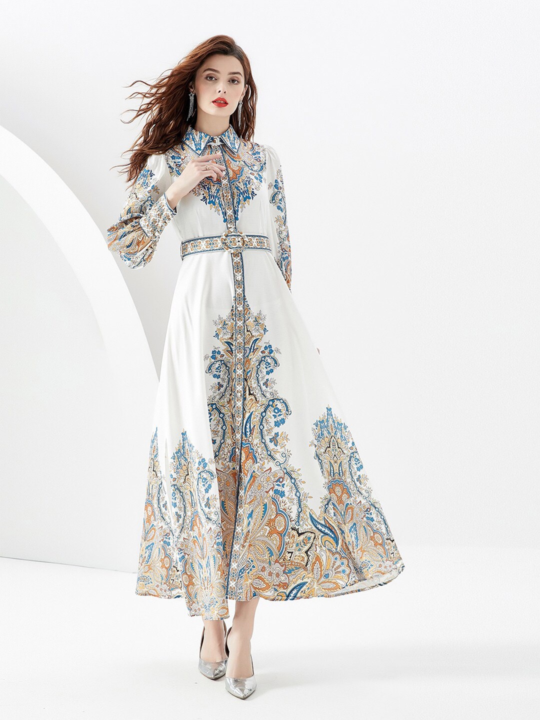 

JC Collection Spread Collar Ethnic Motifs Printed Belted Shirt Dress, White