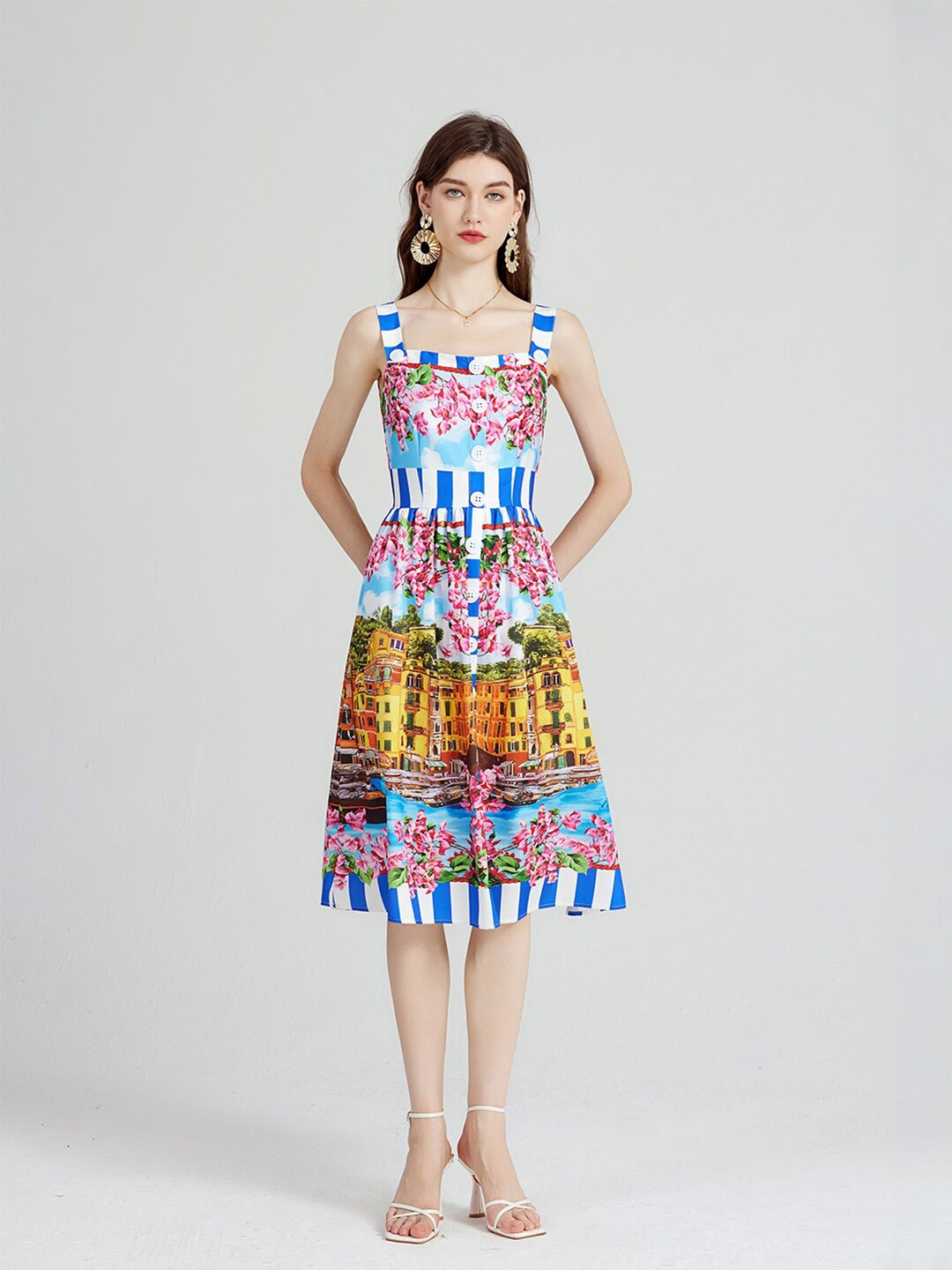

JC Collection Graphic Printed Sleeveless Fit & Flare Dress, Blue