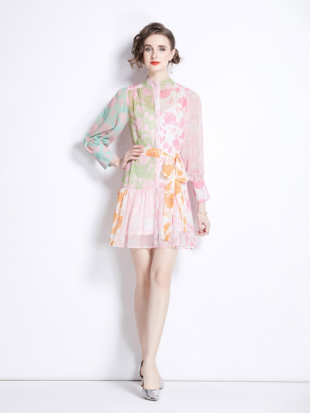 

JC Collection Floral Printed Cuffed Sleeves Gathered Detail Fit & Flare Dress With Belt, Pink