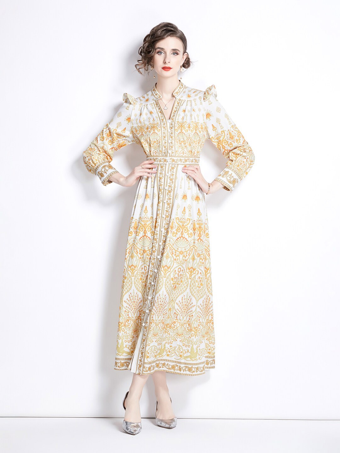 

JC Collection Ethnic Motifs Printed Pufff Sleeves Maxi Dress, White