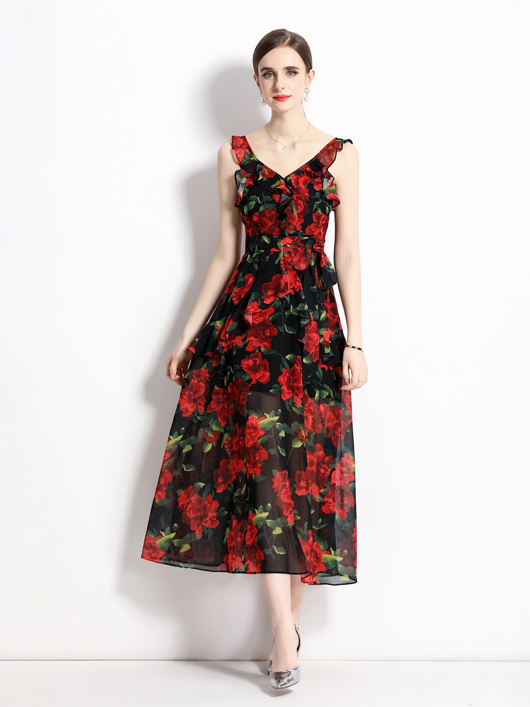 

JC Collection Floral Printed Midi Fit & Flare Dress, Black