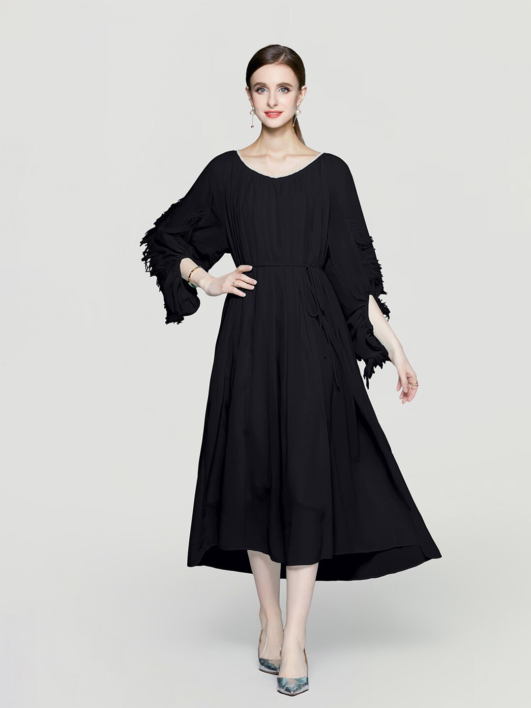 

JC Collection Round Neck Flared Sleeve Pleated Fit & flare Midi Dress, Black