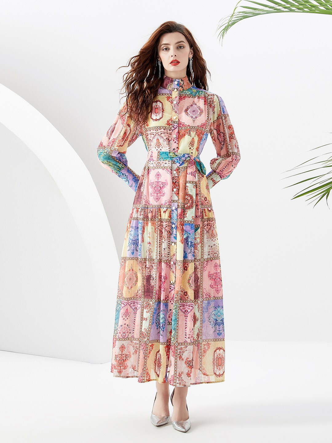 

JC Collection Ethnic Motif Printed High Neck Fit and Flare Dress, Beige