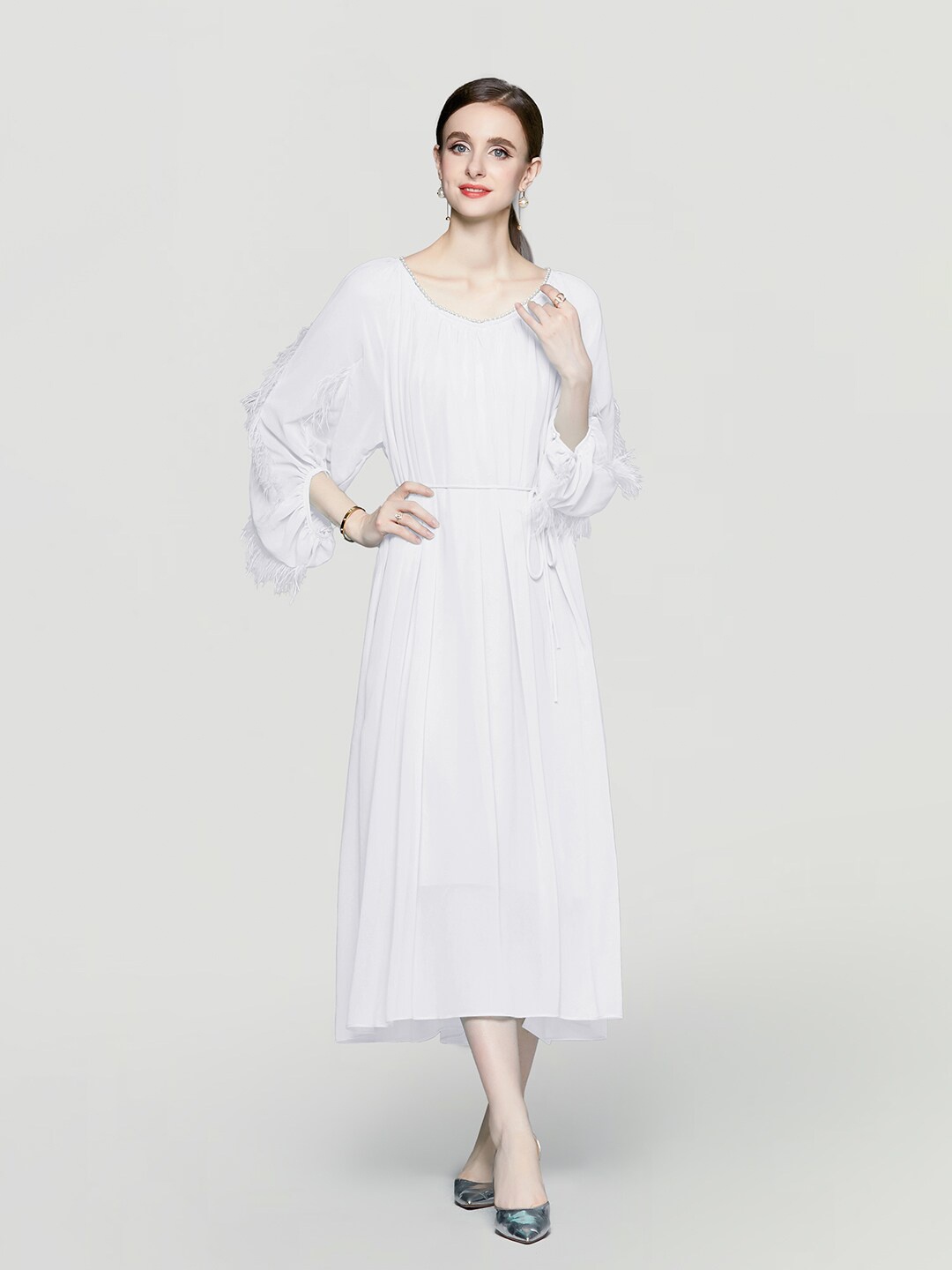 

JC Collection Bell Sleeves A-Line Midi Dress, White