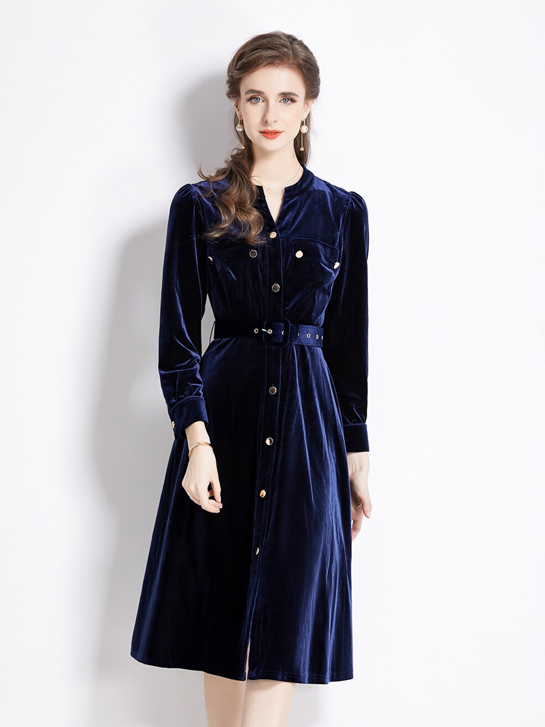 

JC Collection Mandarin Collar A-line Dress, Navy blue