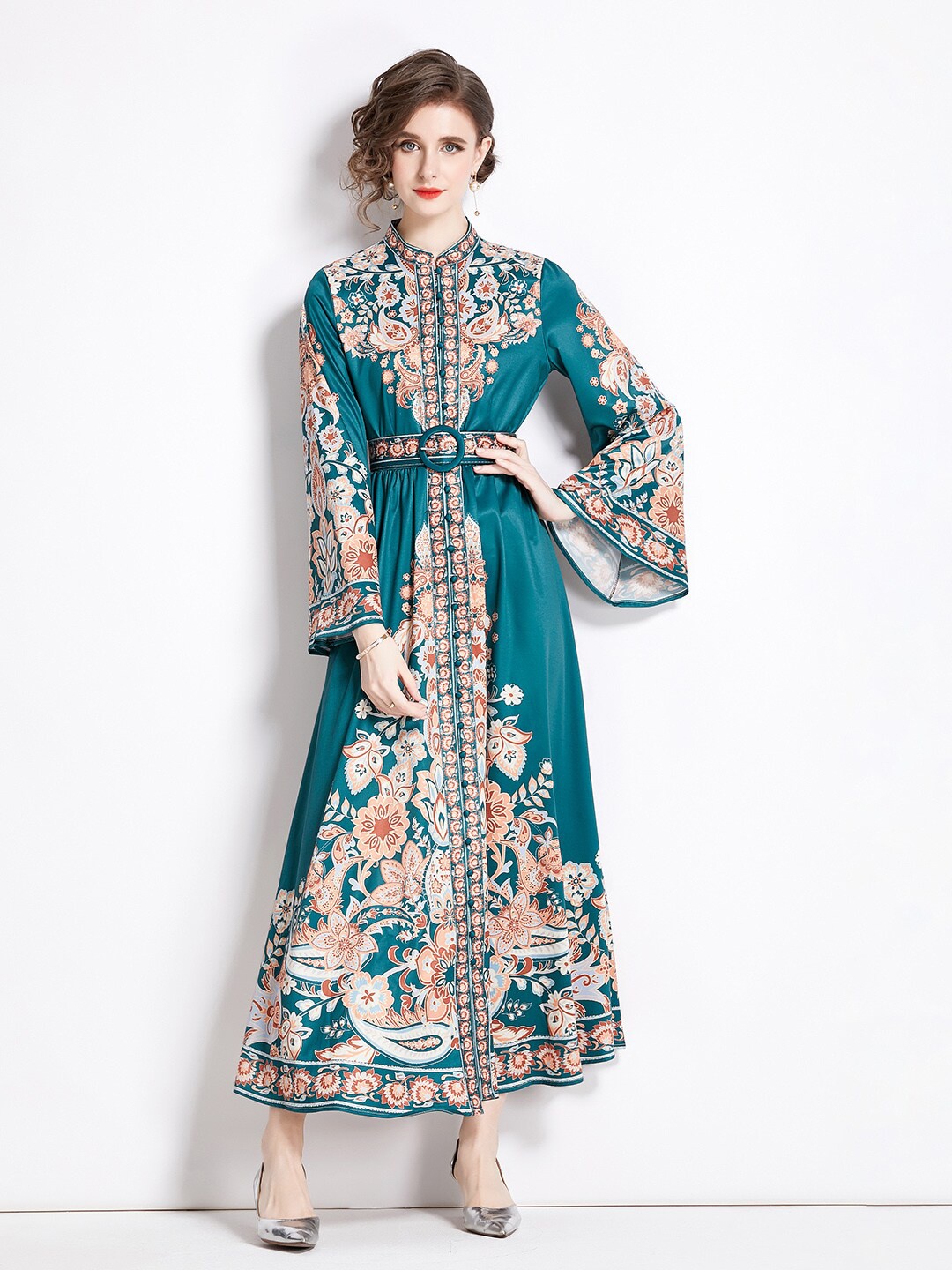 

JC Collection Ethnic Motif Printed Mandarin Collar Bell Sleeves A-line Dress, Green
