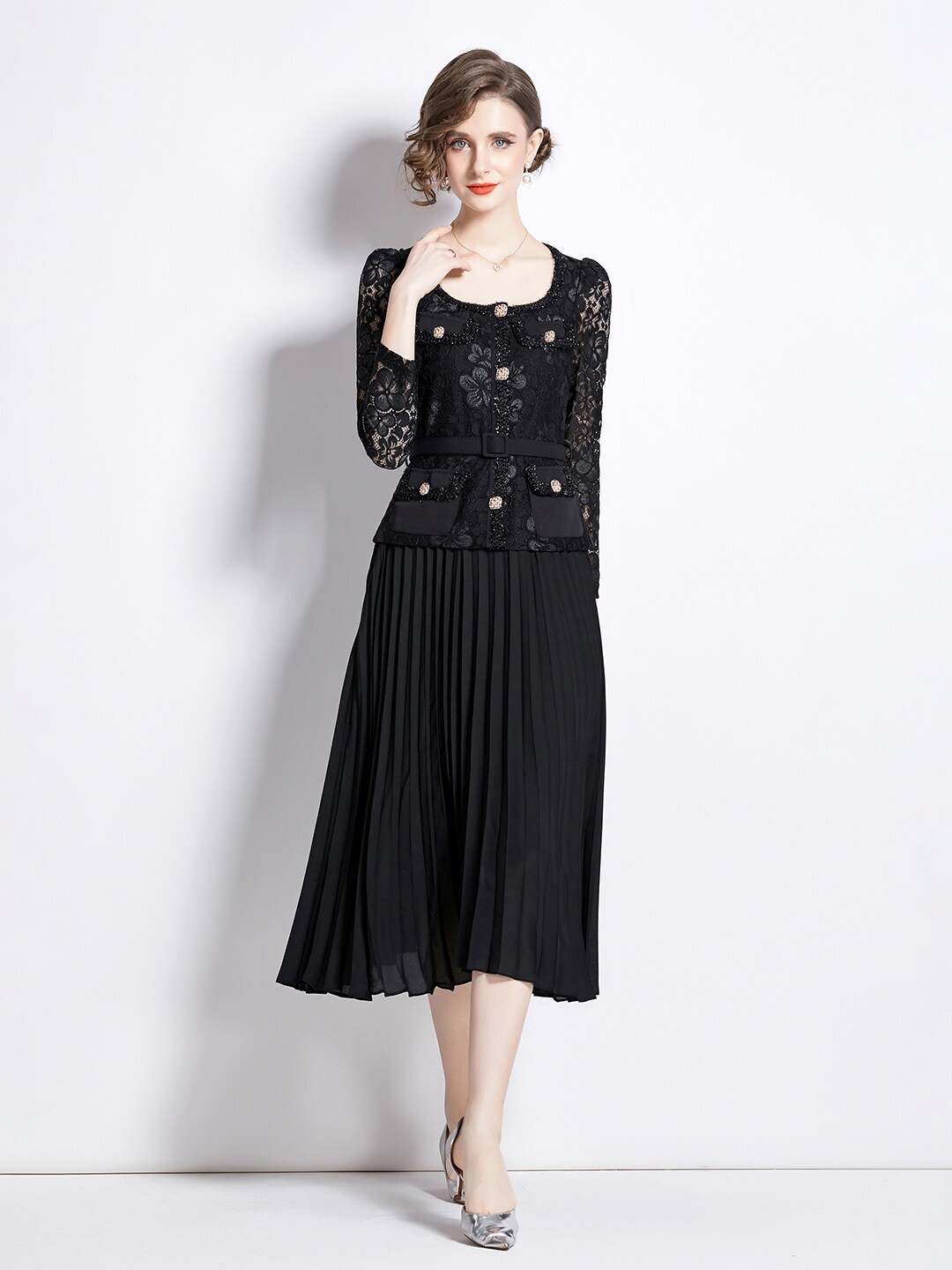 

JC Collection Self Design Accordion Pleated Fit & Flare Dress, Black