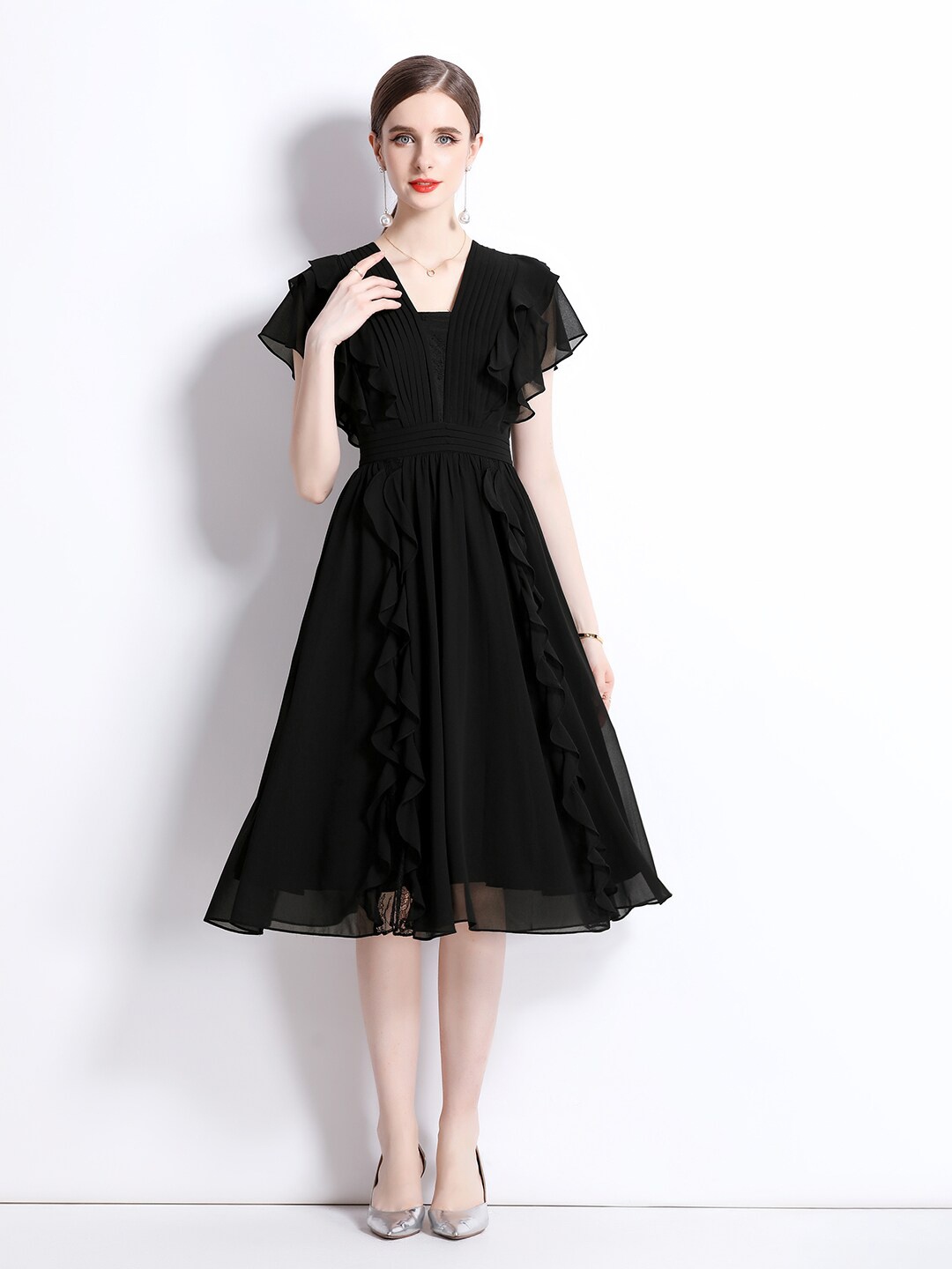 

JC Collection V-Neck Ruffled Detailed A-Line Dress, Black