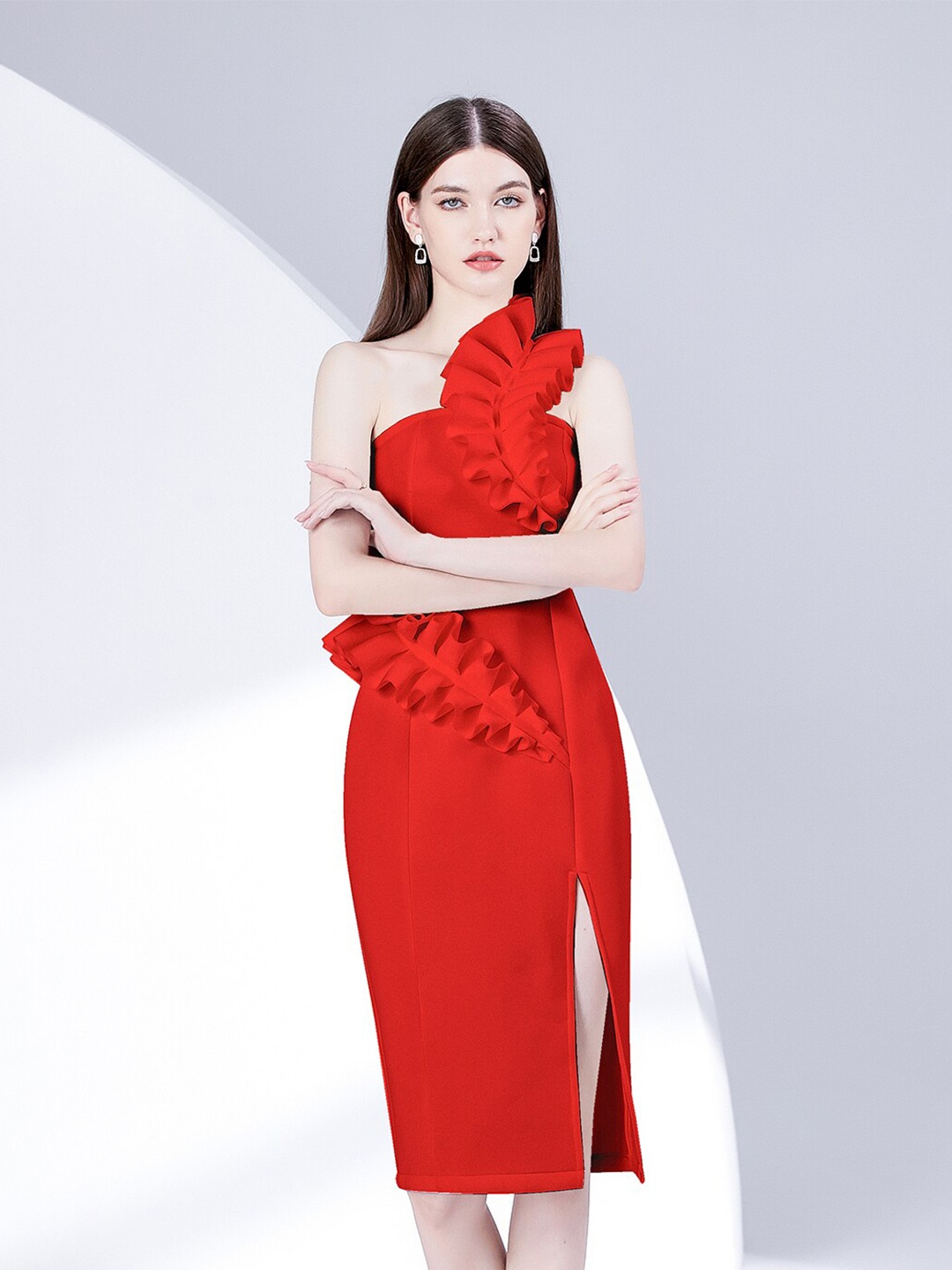 

JC Collection Ruffled One Shoulder Sheath Dress, Red