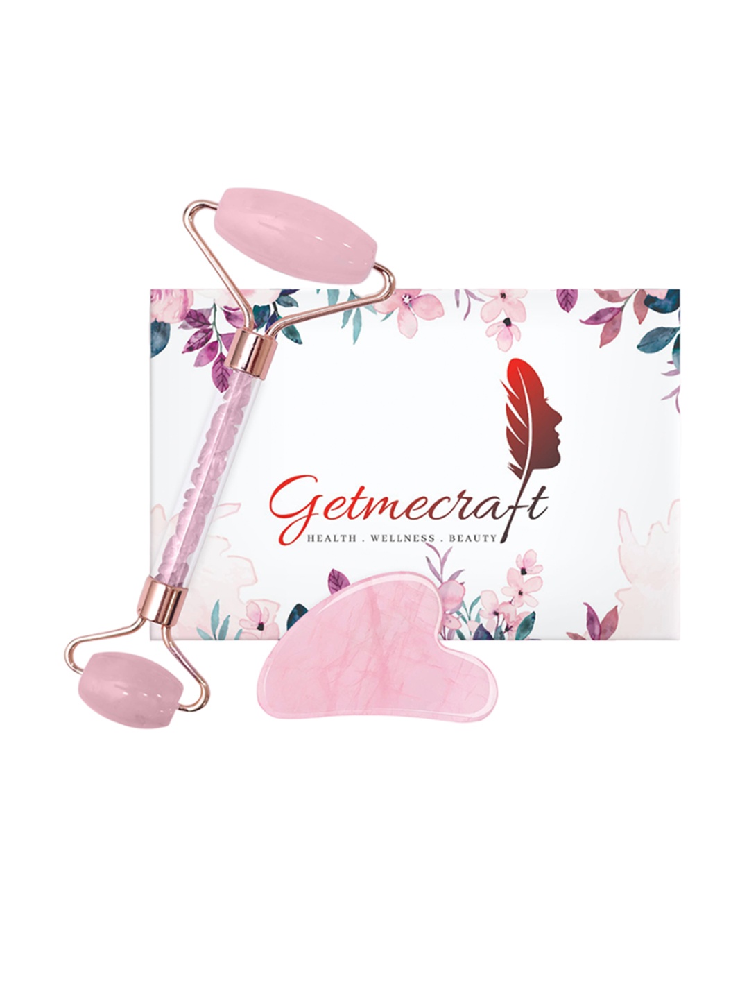 

Getmecraft Rose Quartz Face Roller & Gua Sha Facial Massage Tool With Stone Handle, Pink