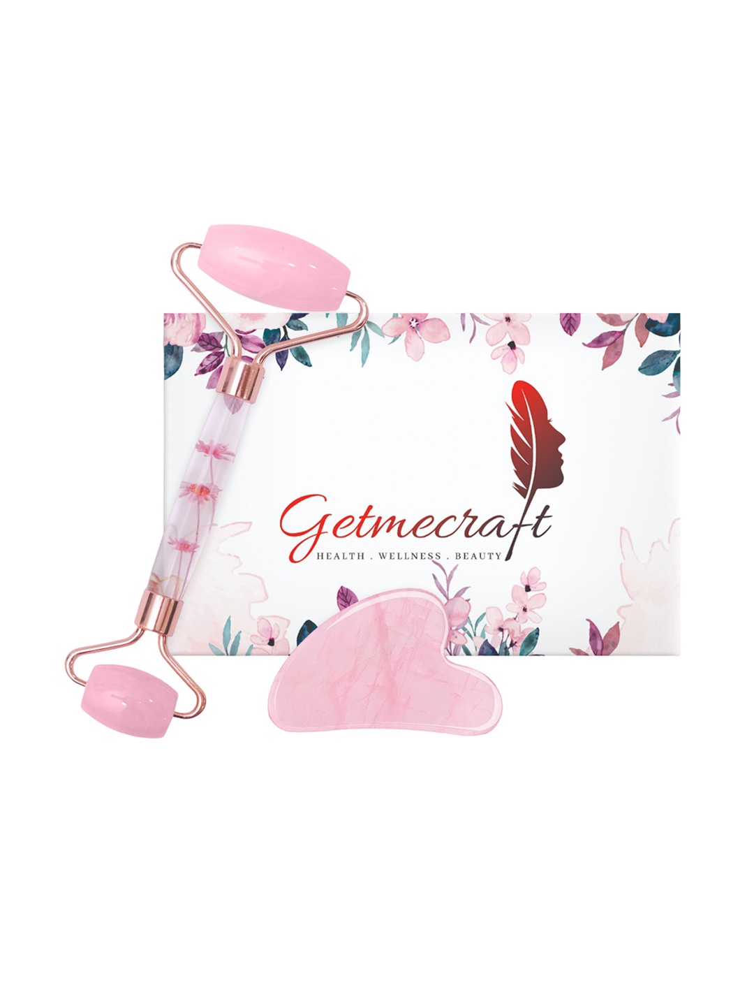 

Getmecraft 2Pcs Rose Quartz Face Roller & Gua Sha Facial Massage Tool with Flower Handle, Pink