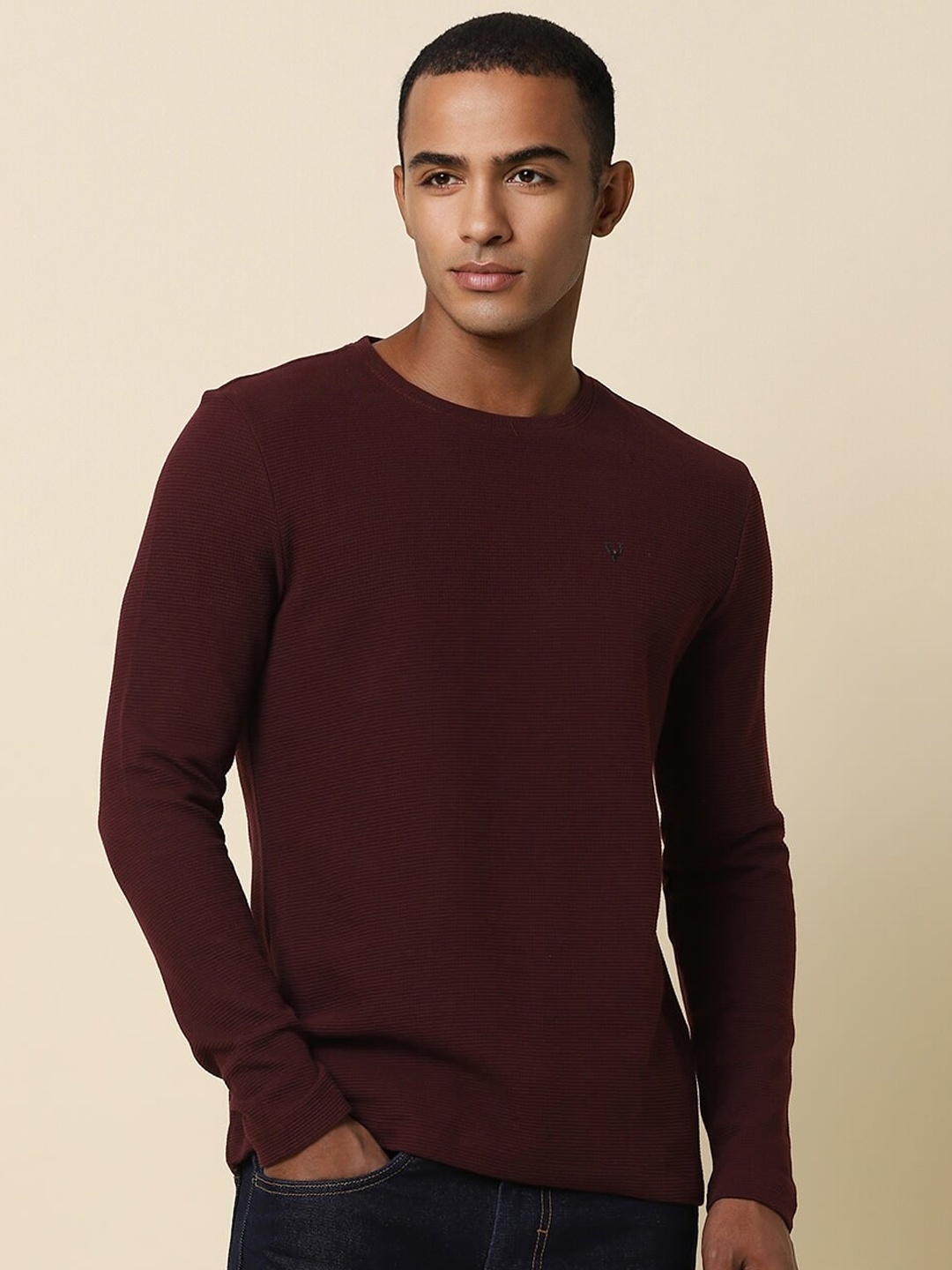 

Allen Solly Self Designed Long Sleeves Pure Cotton Slim Fit T-shirt, Maroon