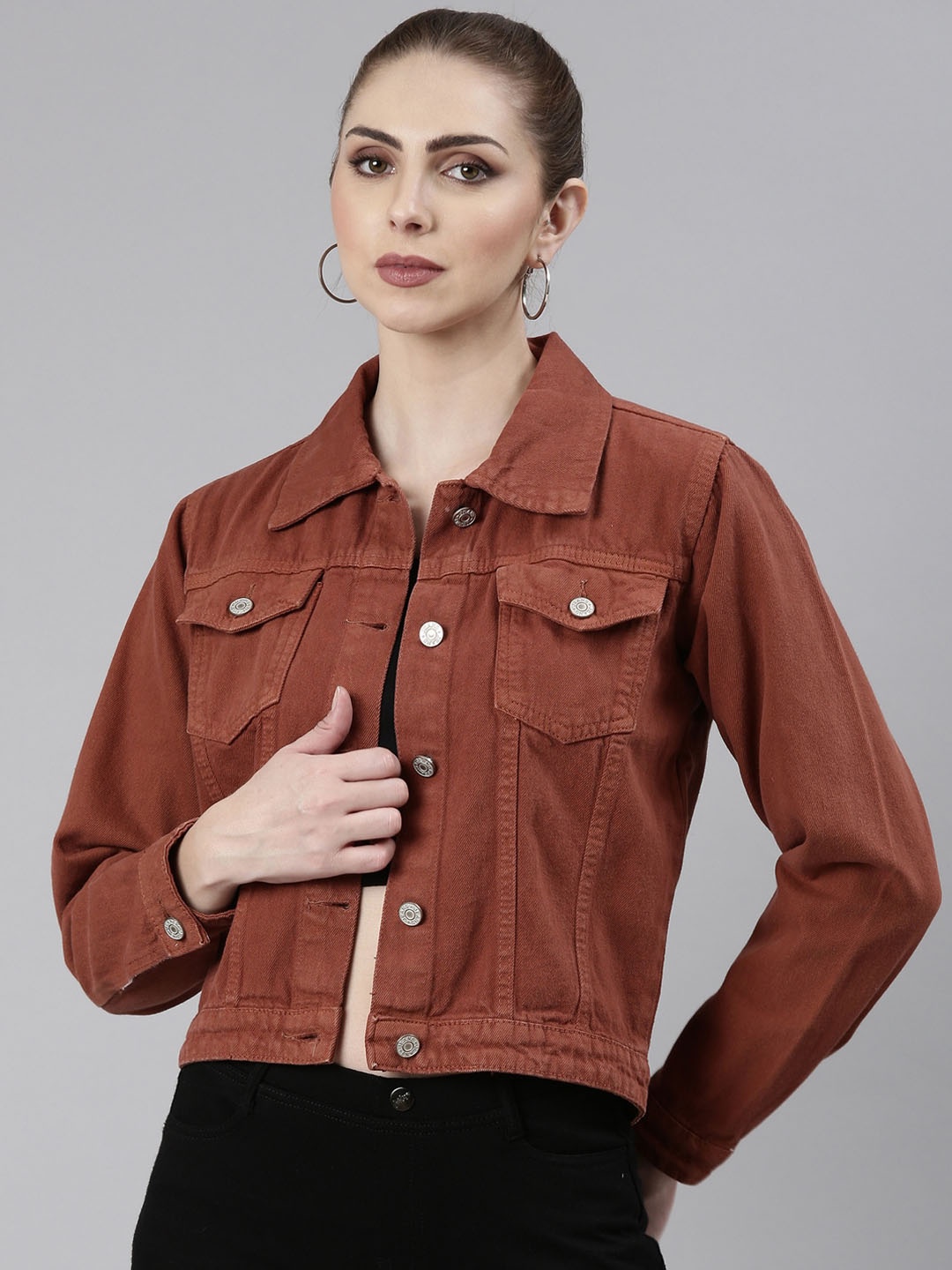 

SHOWOFF Spread Collar Long Sleeves Windcheater Denim Jacket, Rust