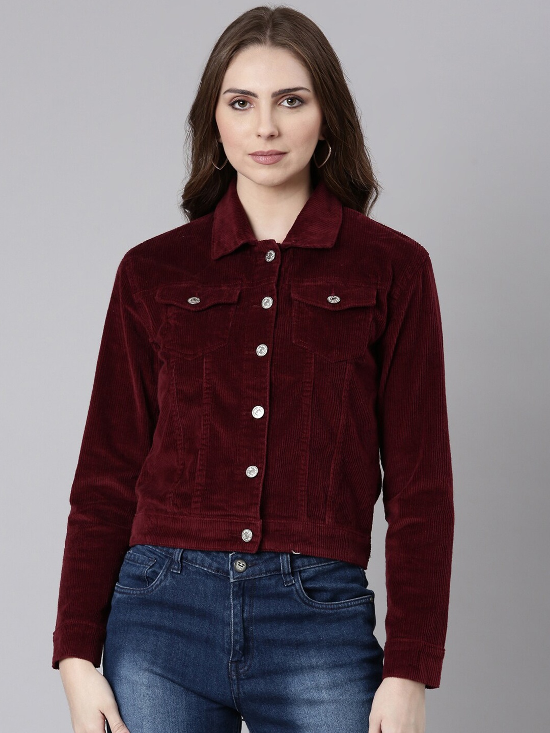 

SHOWOFF Maroon Spread Collar Long Sleeves Corduroy Windcheater Tailored Jacket