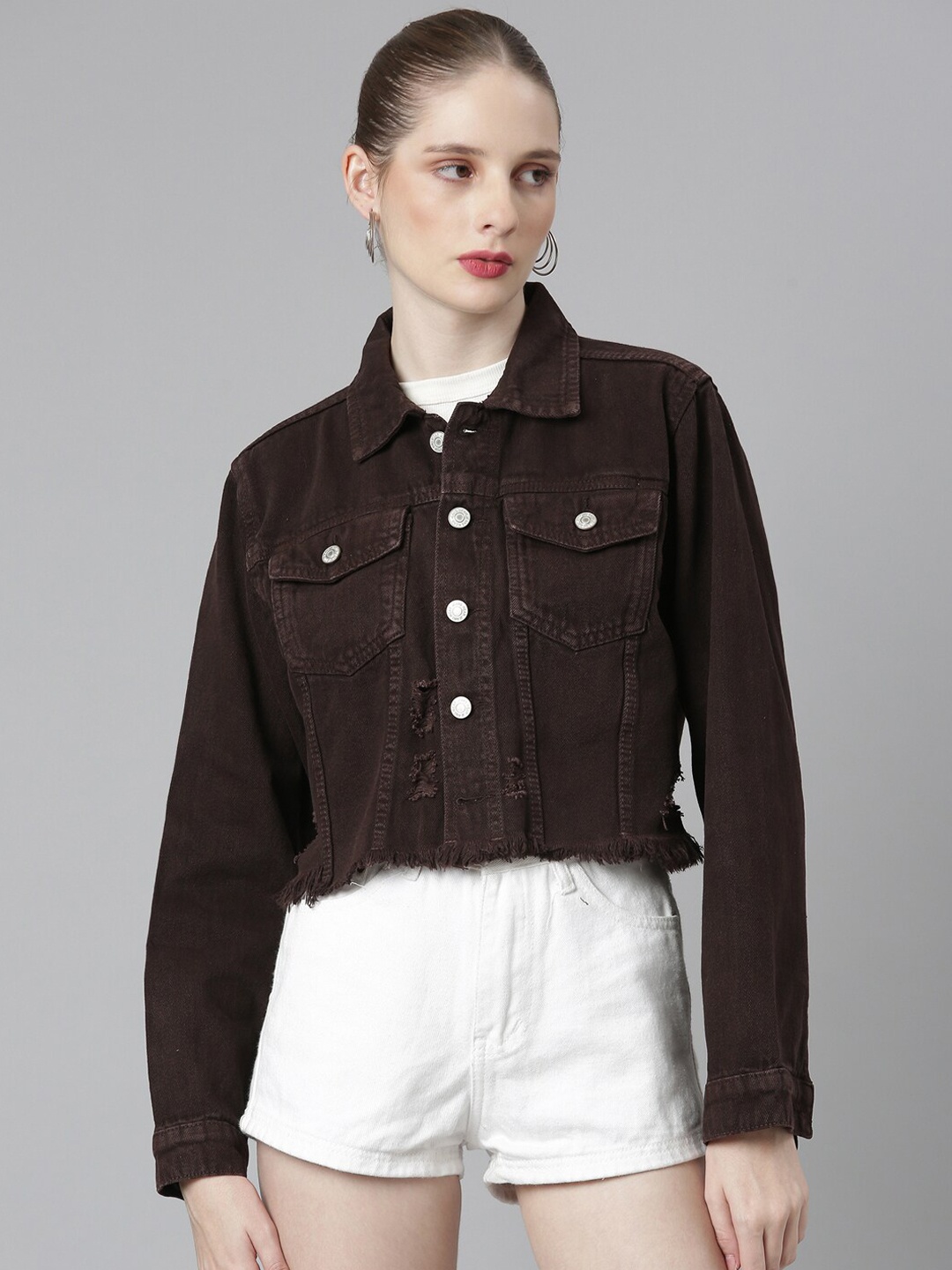 

SHOWOFF Coffee Brown Spread Collar Long Sleeves Windcheater Crop Denim Jacket