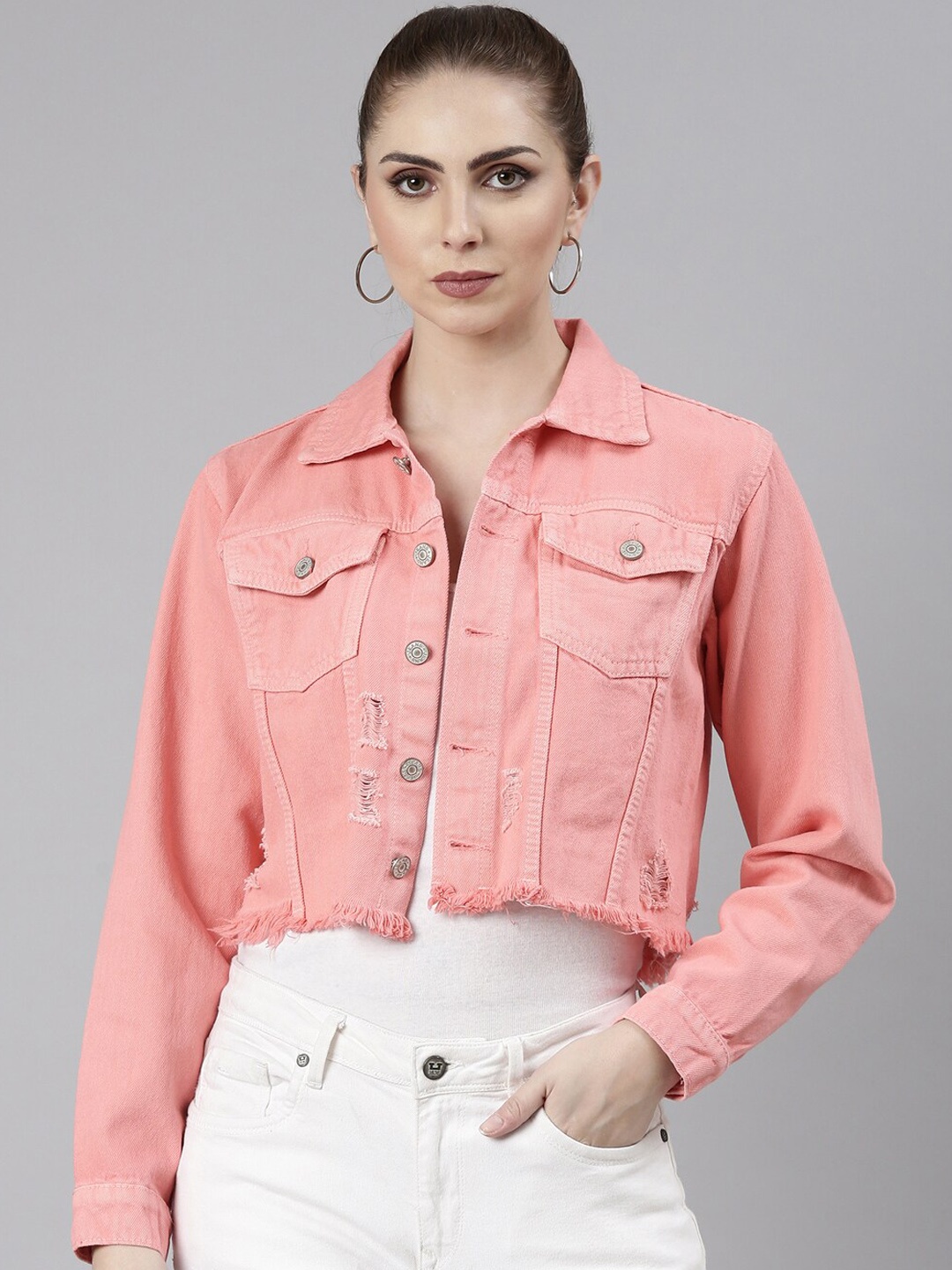 

SHOWOFF Spread Collar Windcheater Crop Denim Jacket, Coral