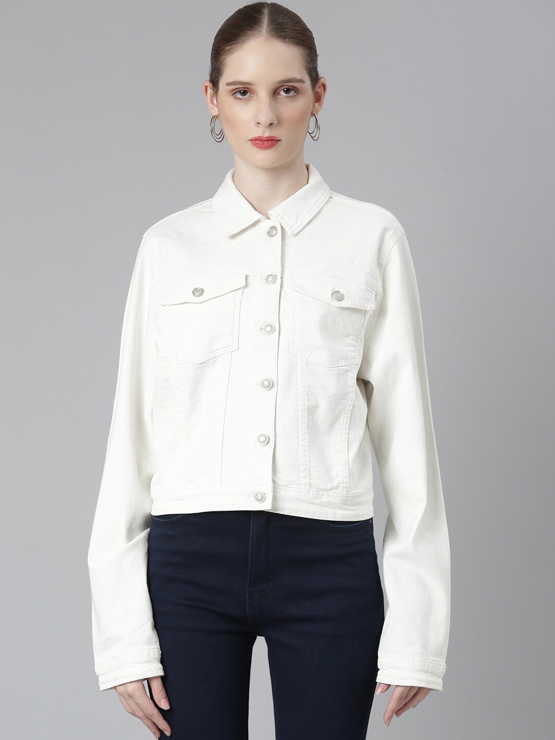 

SHOWOFF Spread Collar Windcheater Crop Denim Jacket, White