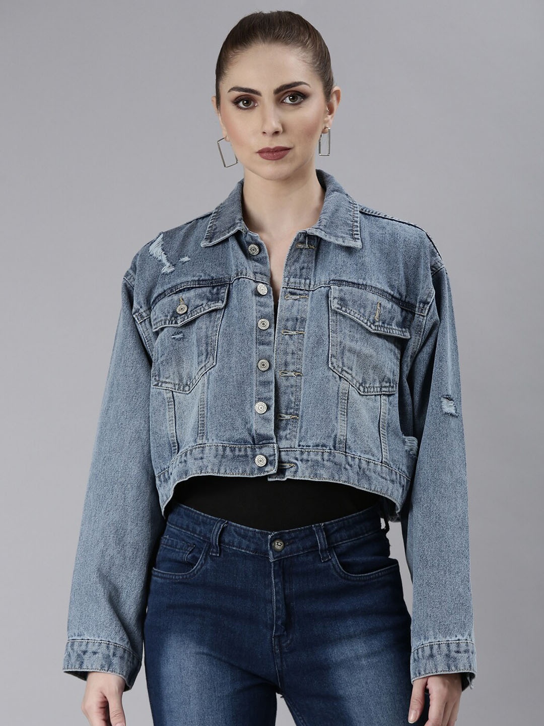 

SHOWOFF Spread Collar Windcheater Crop Denim Jacket, Blue