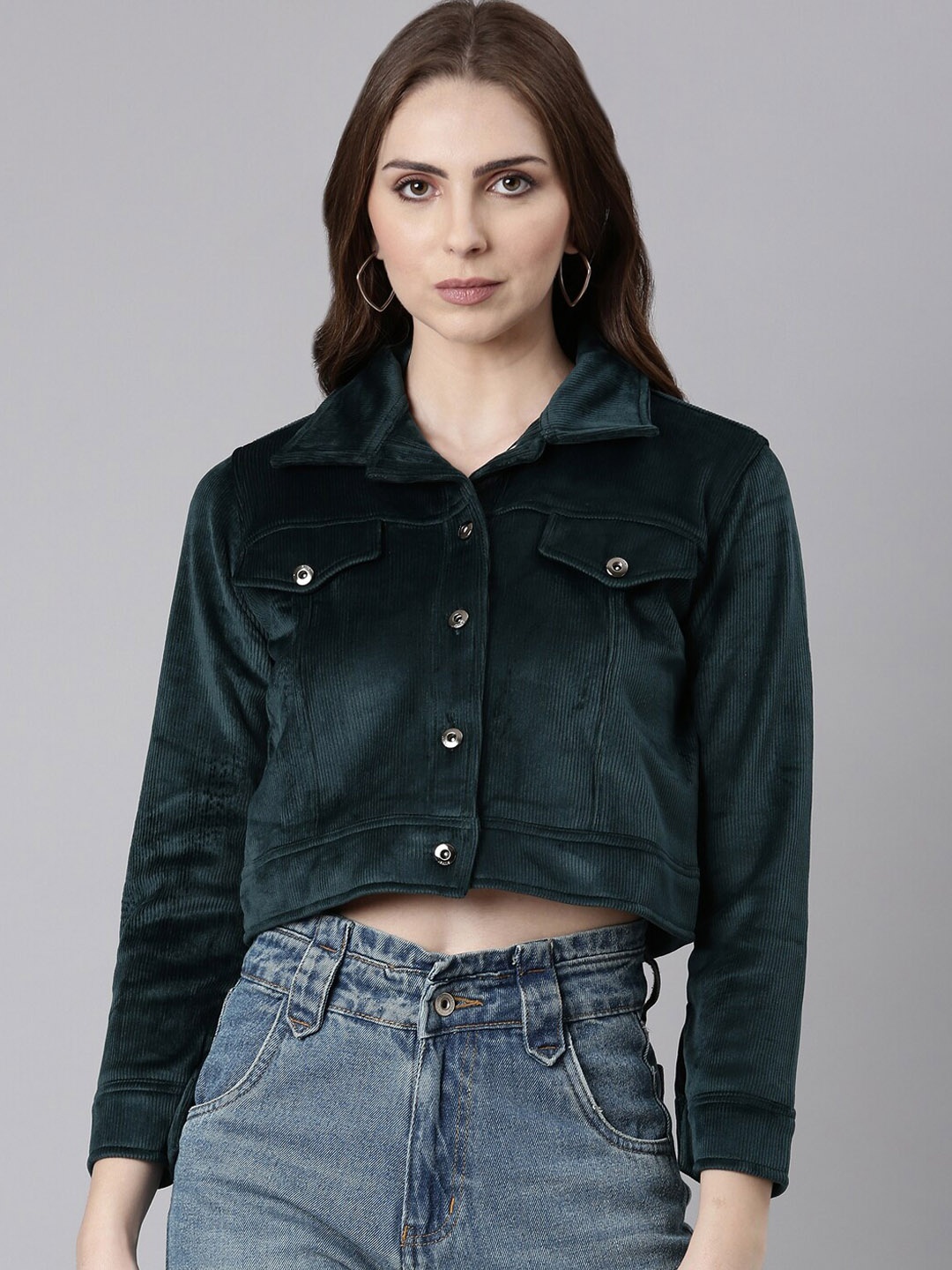 

SHOWOFF Corduroy Windcheater Crop Tailored Jacket, Teal