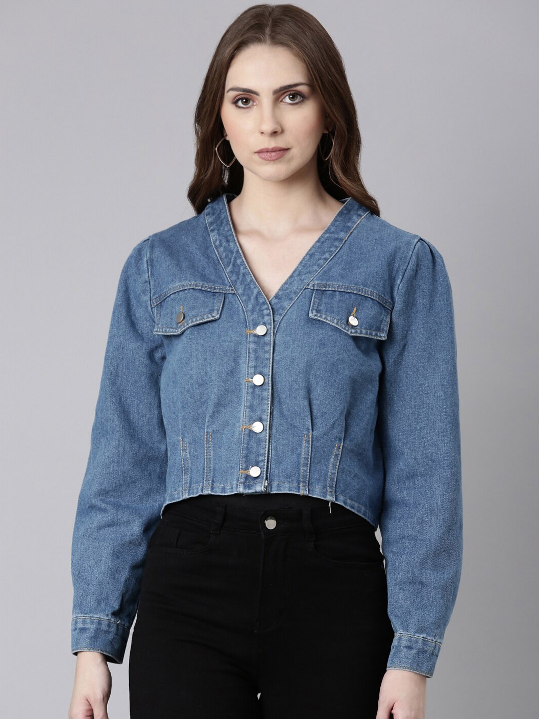 

SHOWOFF Windcheater Crop Denim Jacket, Blue