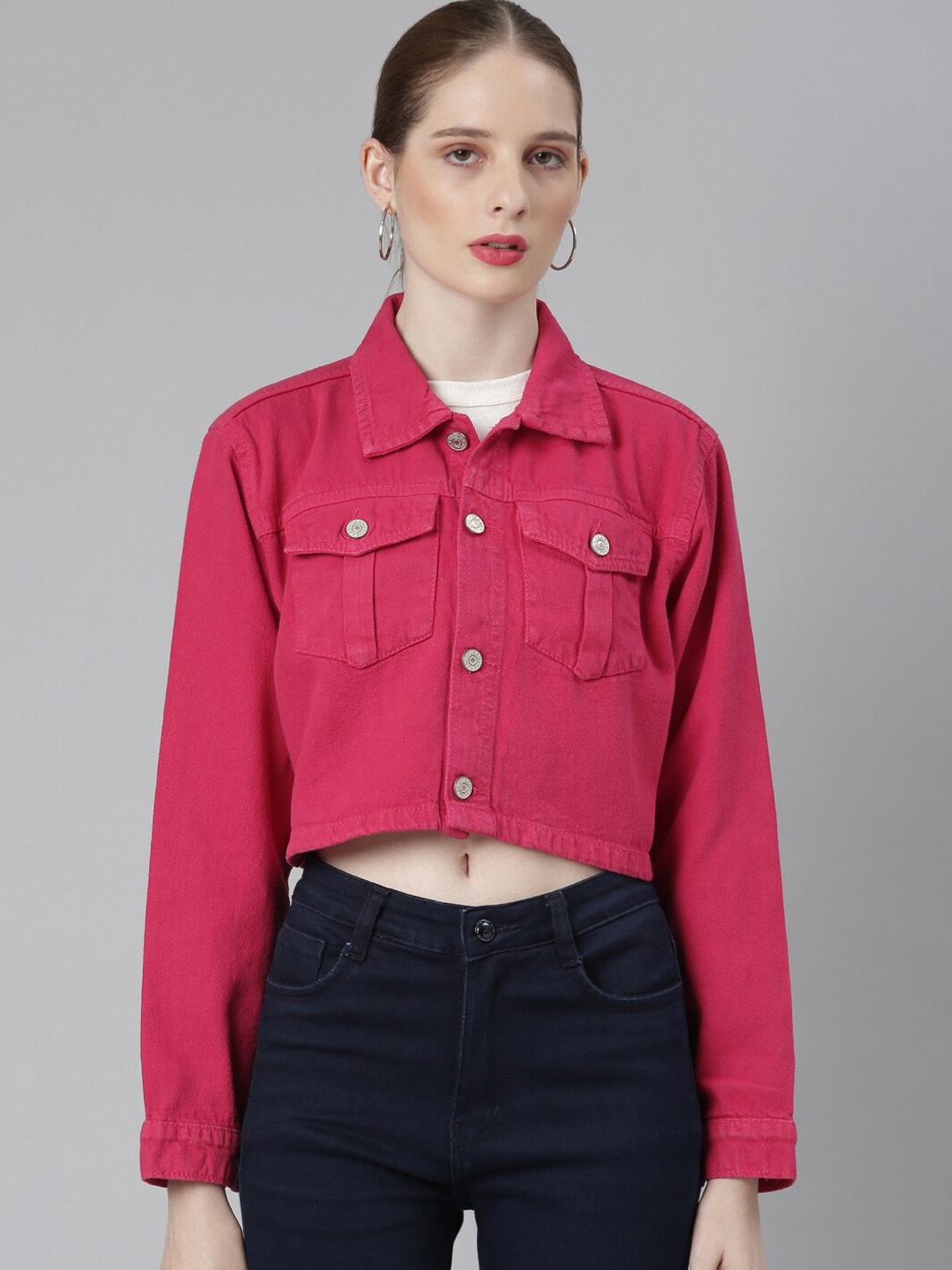 

SHOWOFF Spread Collar Windcheater Crop Denim Jacket, Fuchsia