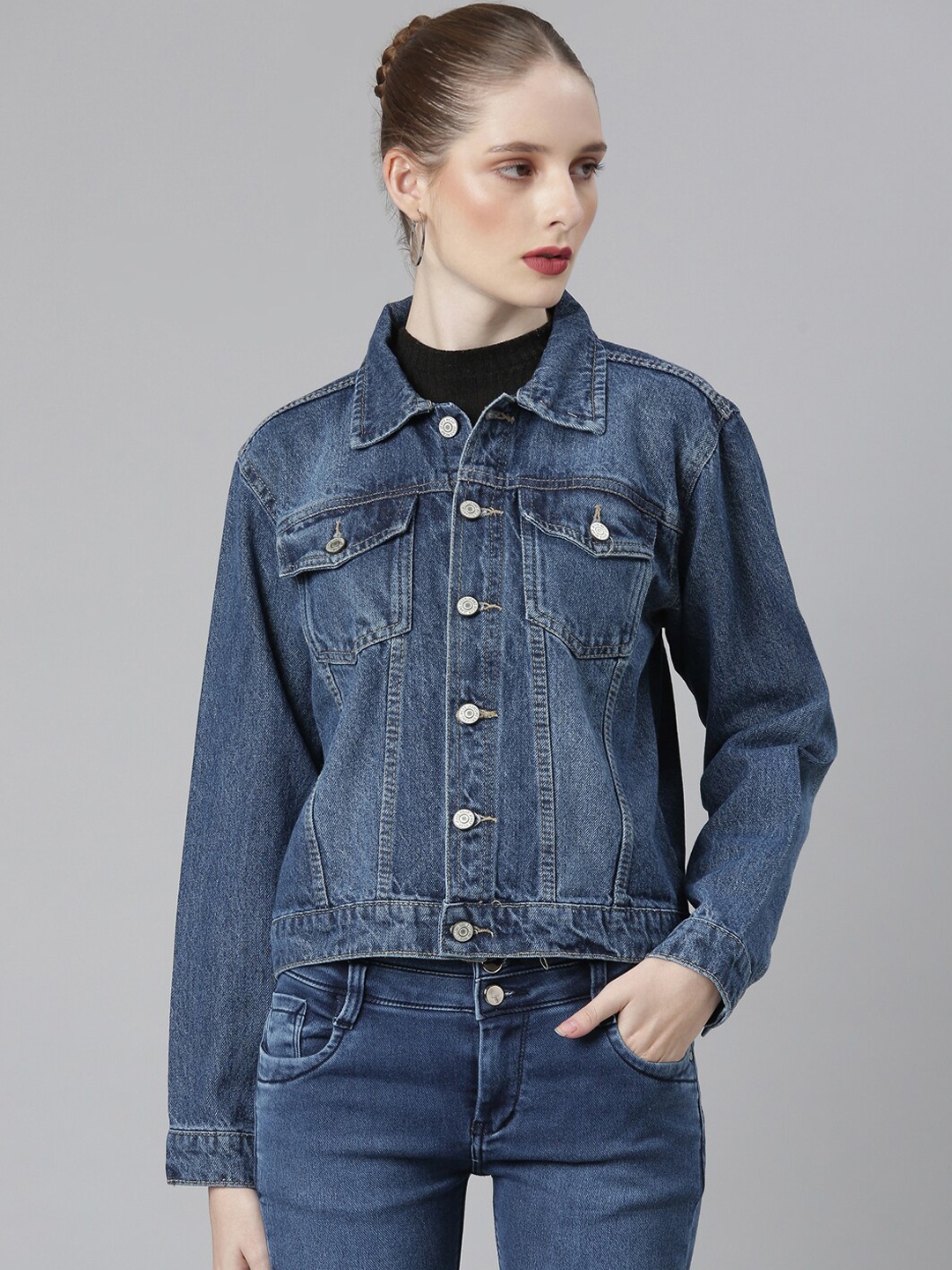 

SHOWOFF Spread Collar Windcheater Crop Denim Jacket, Navy blue