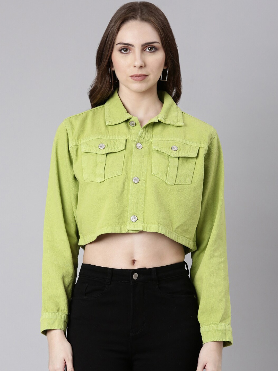 

SHOWOFF Spread Collar Windcheater Crop Denim Jacket, Lime green