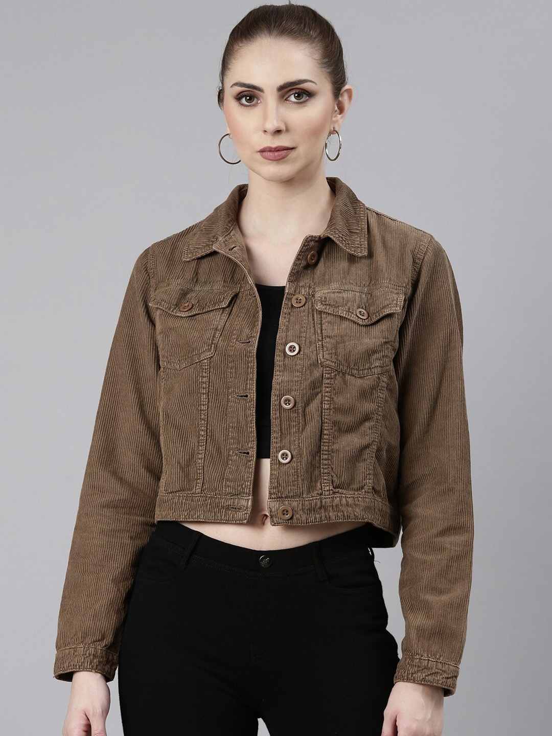 

SHOWOFF Spread Collar Corduroy Windcheater Crop Tailored Jacket, Khaki