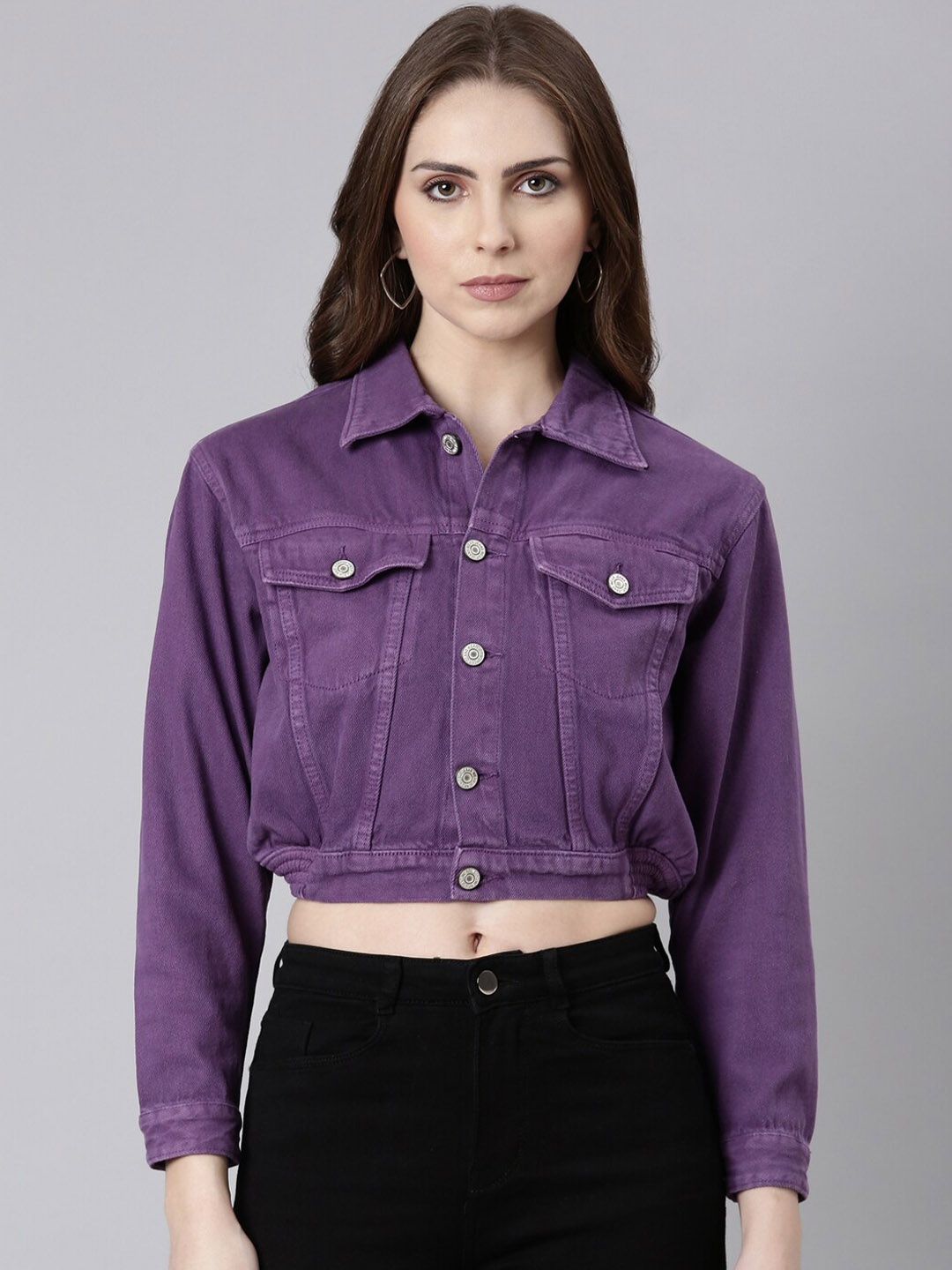 

SHOWOFF Spread Collar Windcheater Crop Denim Jacket, Purple