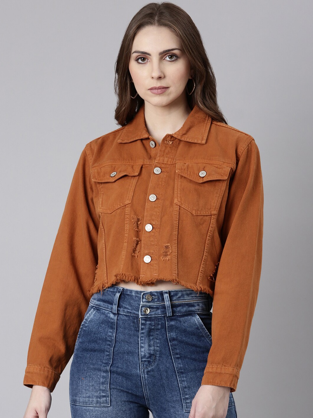 

SHOWOFF Spread Collar Windcheater Crop Denim Jacket, Rust