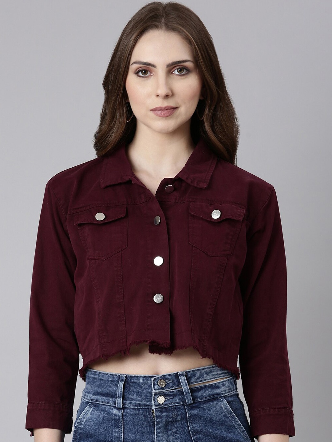 

SHOWOFF Spread Collar Windcheater Crop Denim Jacket, Maroon