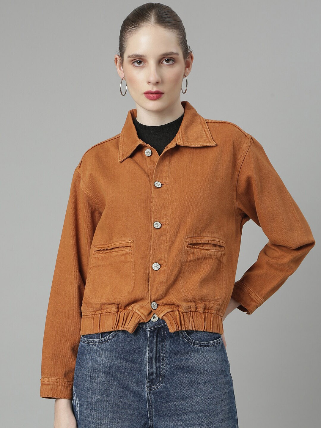 

SHOWOFF Spread Collar Windcheater Denim Jacket, Rust