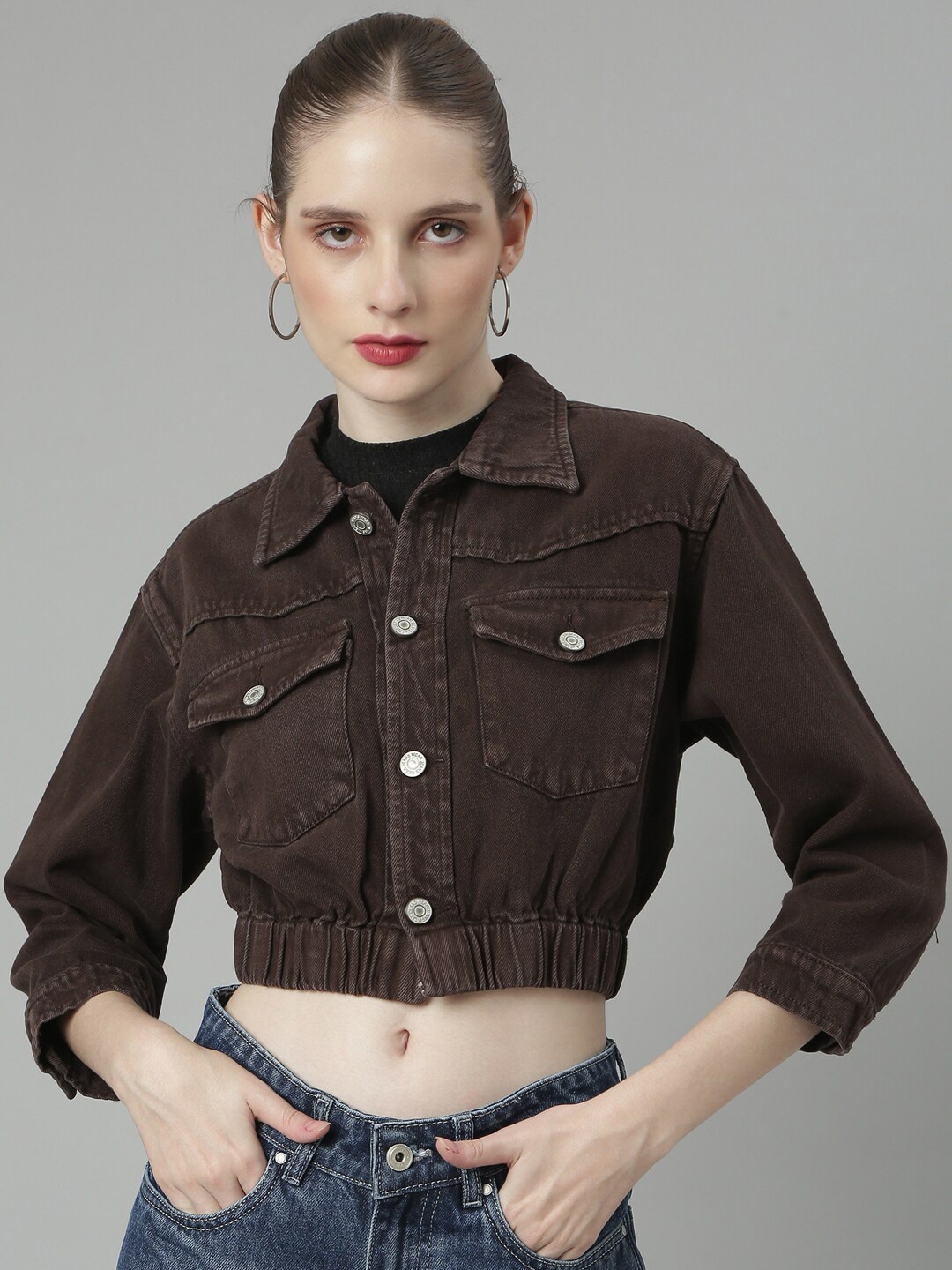 

SHOWOFF Spread Collar Windcheater Crop Denim Jacket, Coffee brown