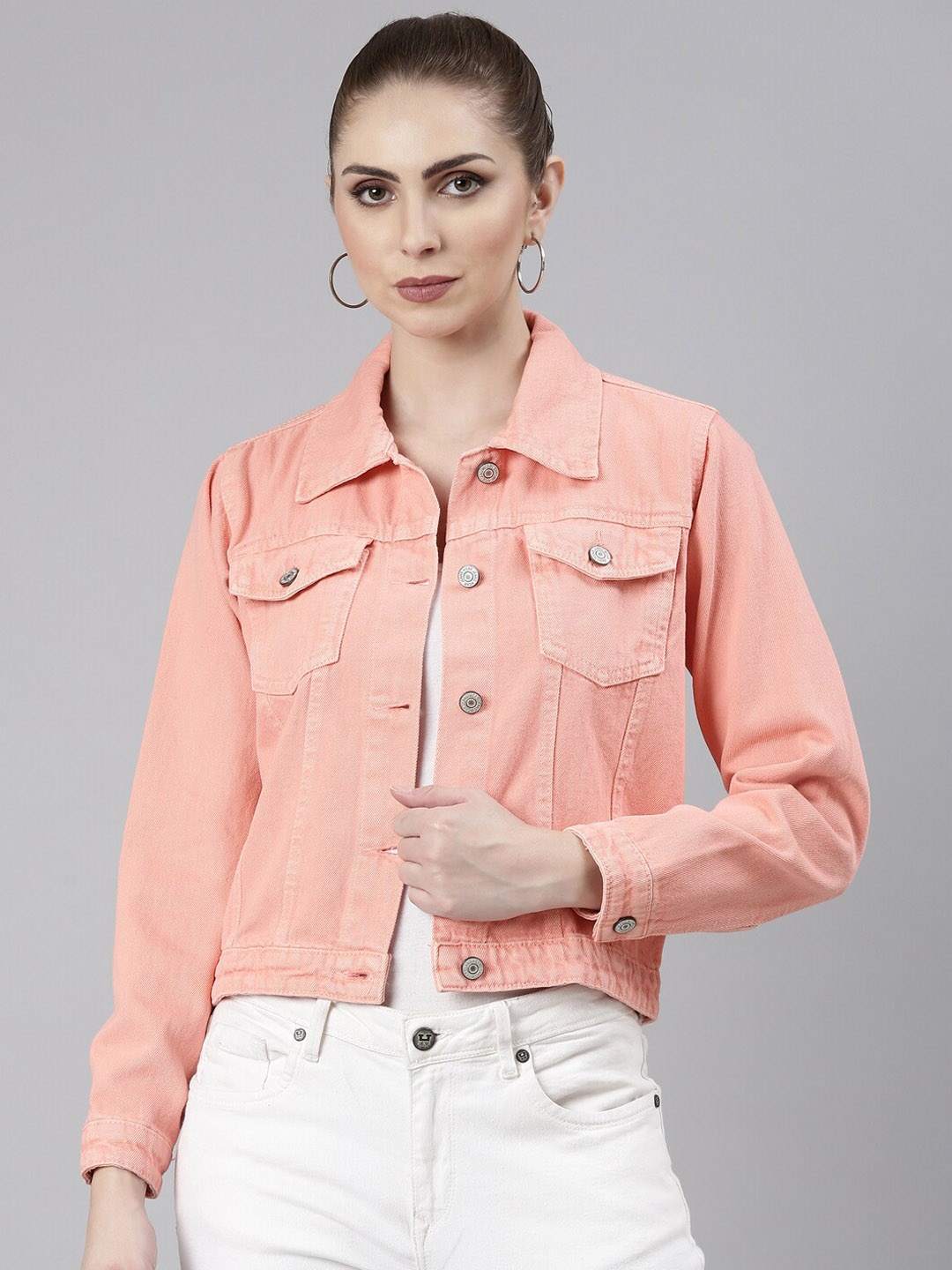 

SHOWOFF Spread Collar Windcheater Crop Denim Jacket, Peach