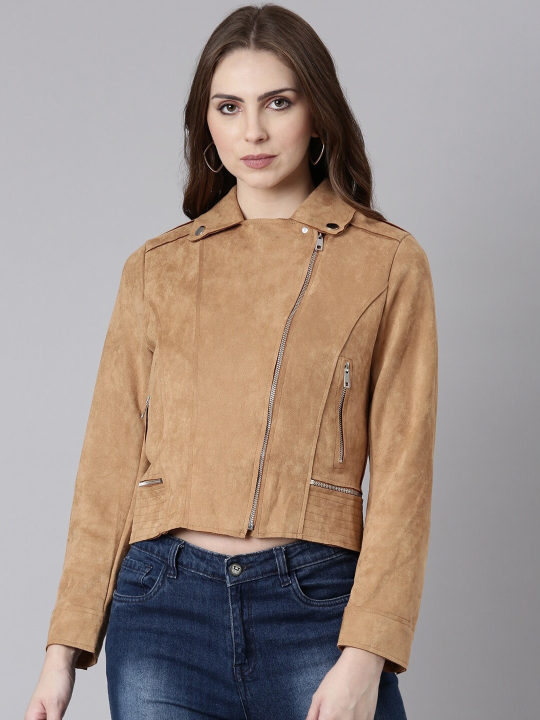 

SHOWOFF Suede Windcheater Crop Tailored Jacket, Camel brown