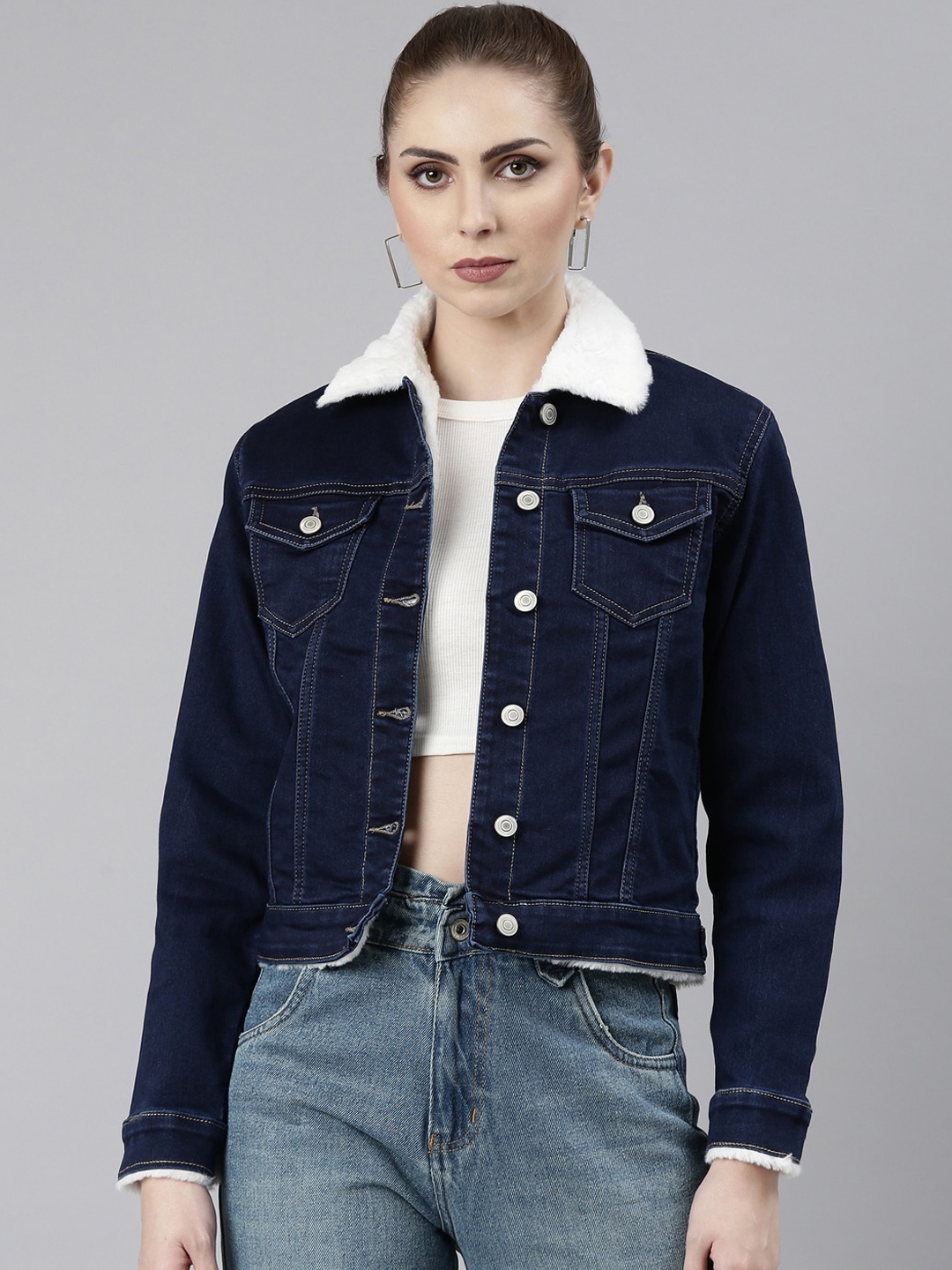 

SHOWOFF Windcheater Crop Denim Jacket With Faux Fur Trim, Navy blue