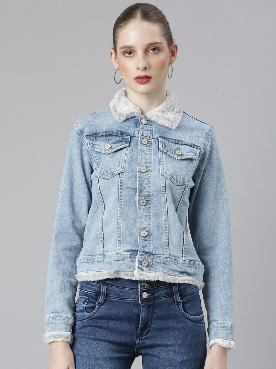 

SHOWOFF Windcheater Crop Denim Jacket With Faux Fur Trim, Blue