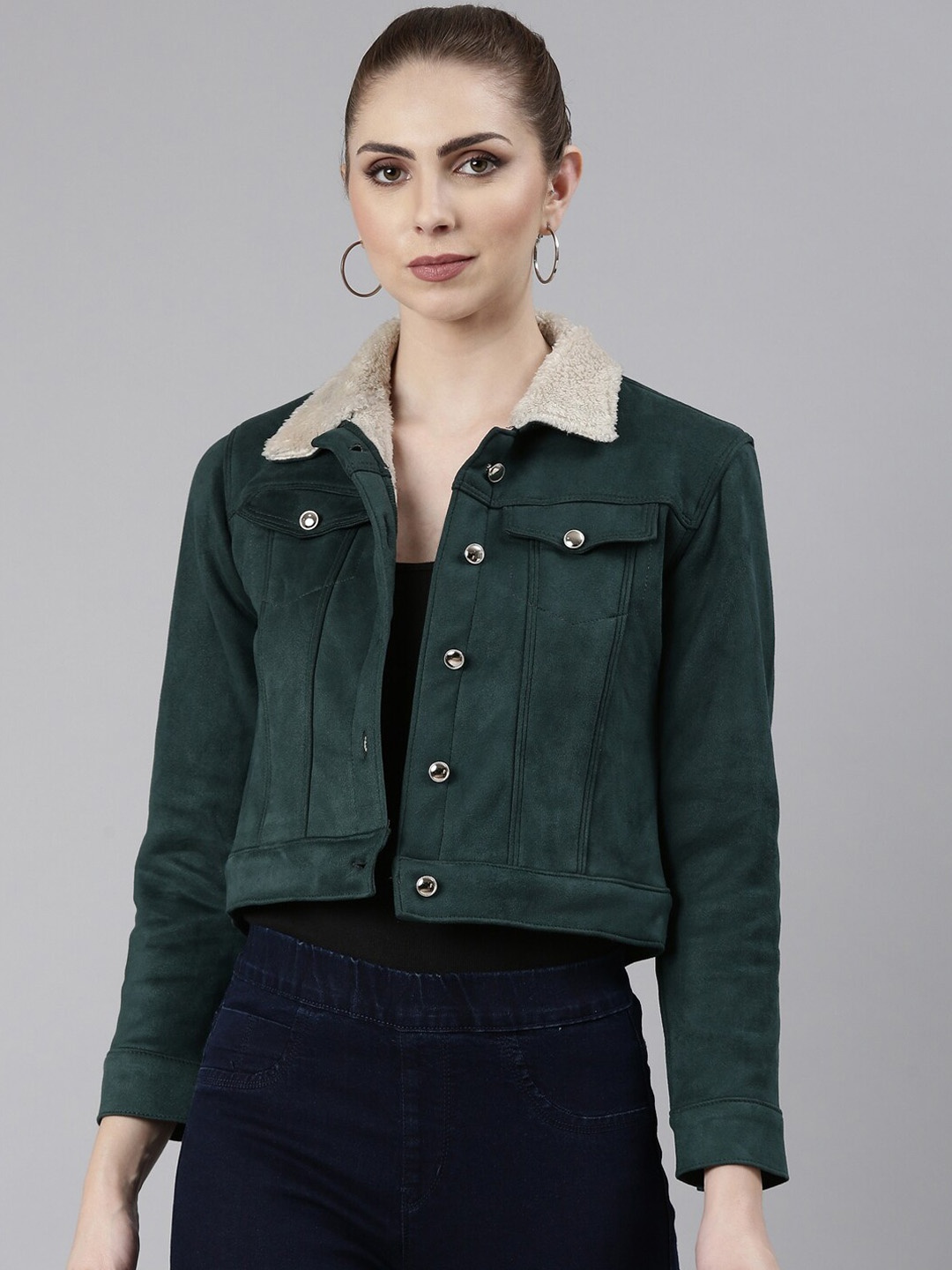 

SHOWOFF Windcheater Crop Suede Tailored Jacket, Green